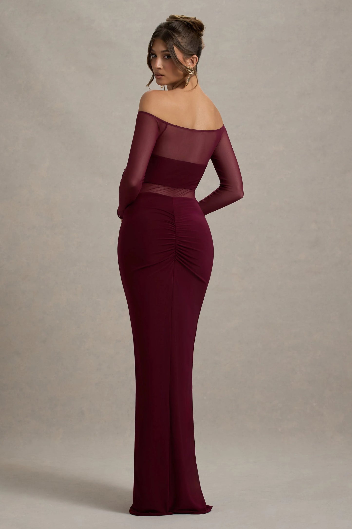 Cover Star Burgundy Mesh Bardot Long-Sleeve Draped Maxi Dress