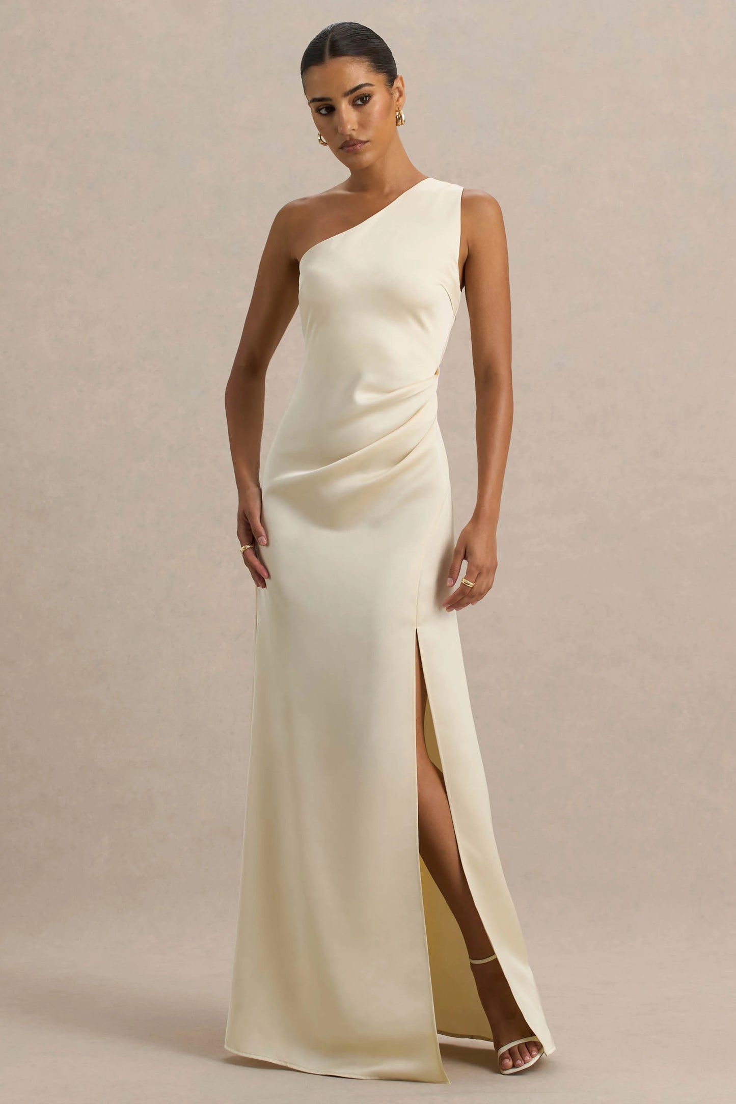 Beth Pale Lemon Asymmetric Neckline High-Split Maxi Dress