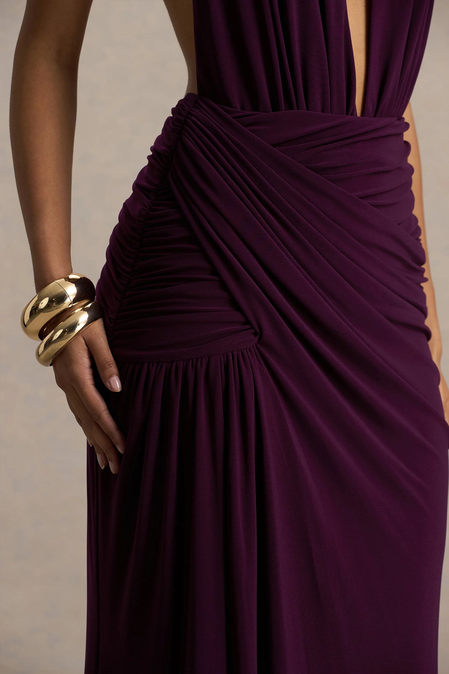 Tilly Burgundy Extreme Plunge-Neck Maxi Dress With Wrap And Ruched Details