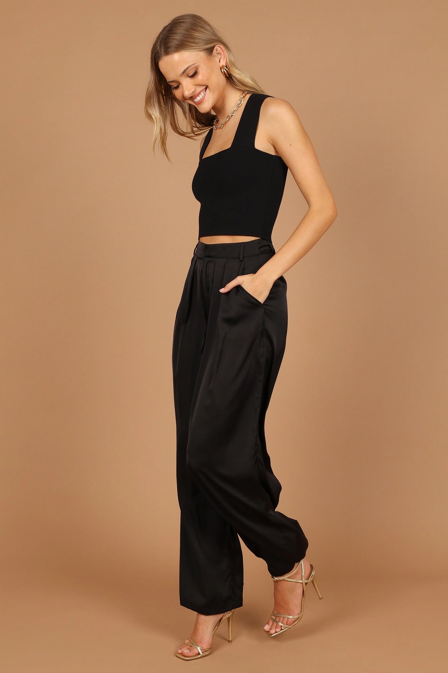 Wellington Wide Leg Satin Pant - Black