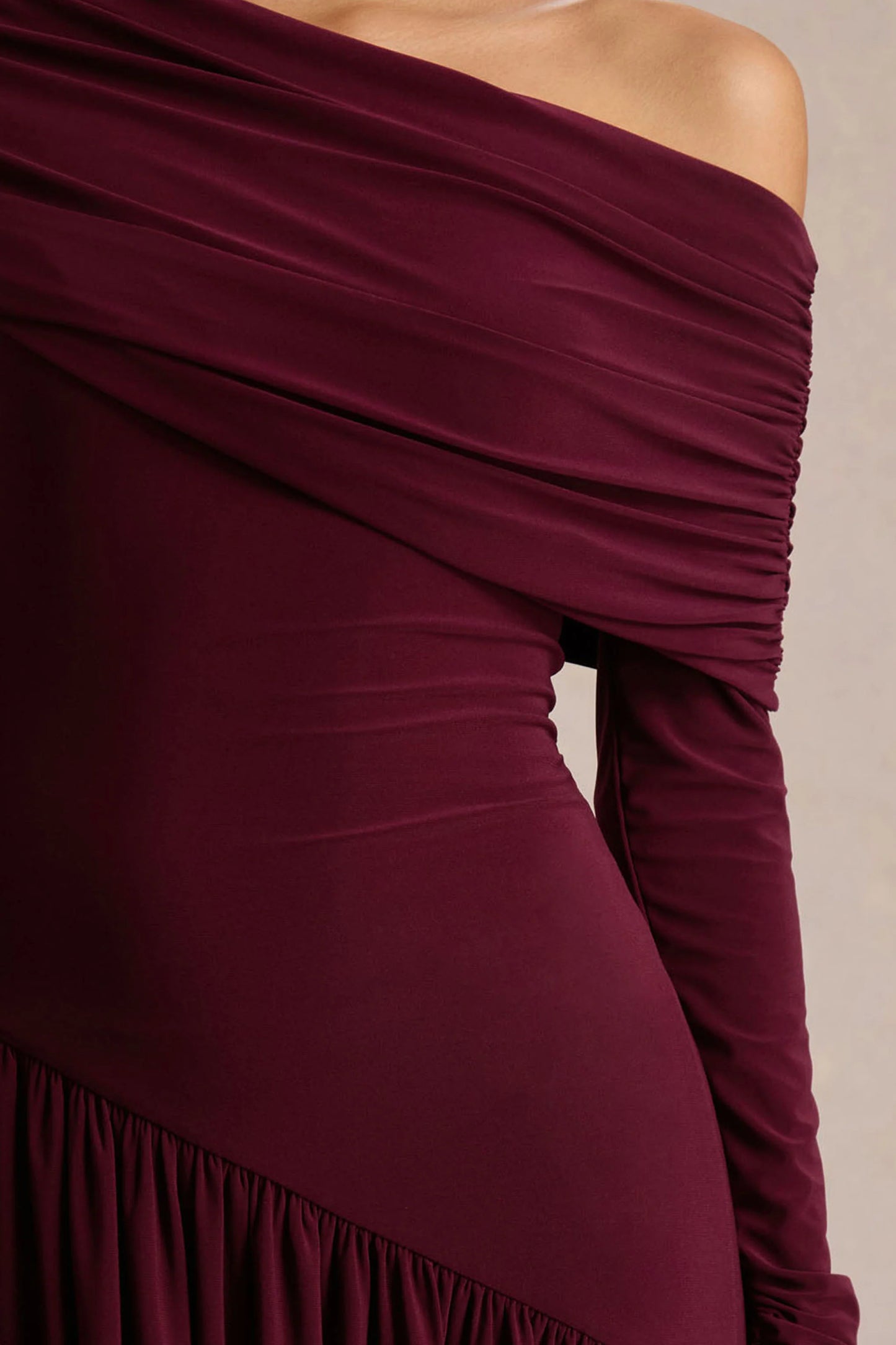 Farah Burgundy Asymmetric-Neck Maxi Dress With Drop Waist And Ruched Detailing