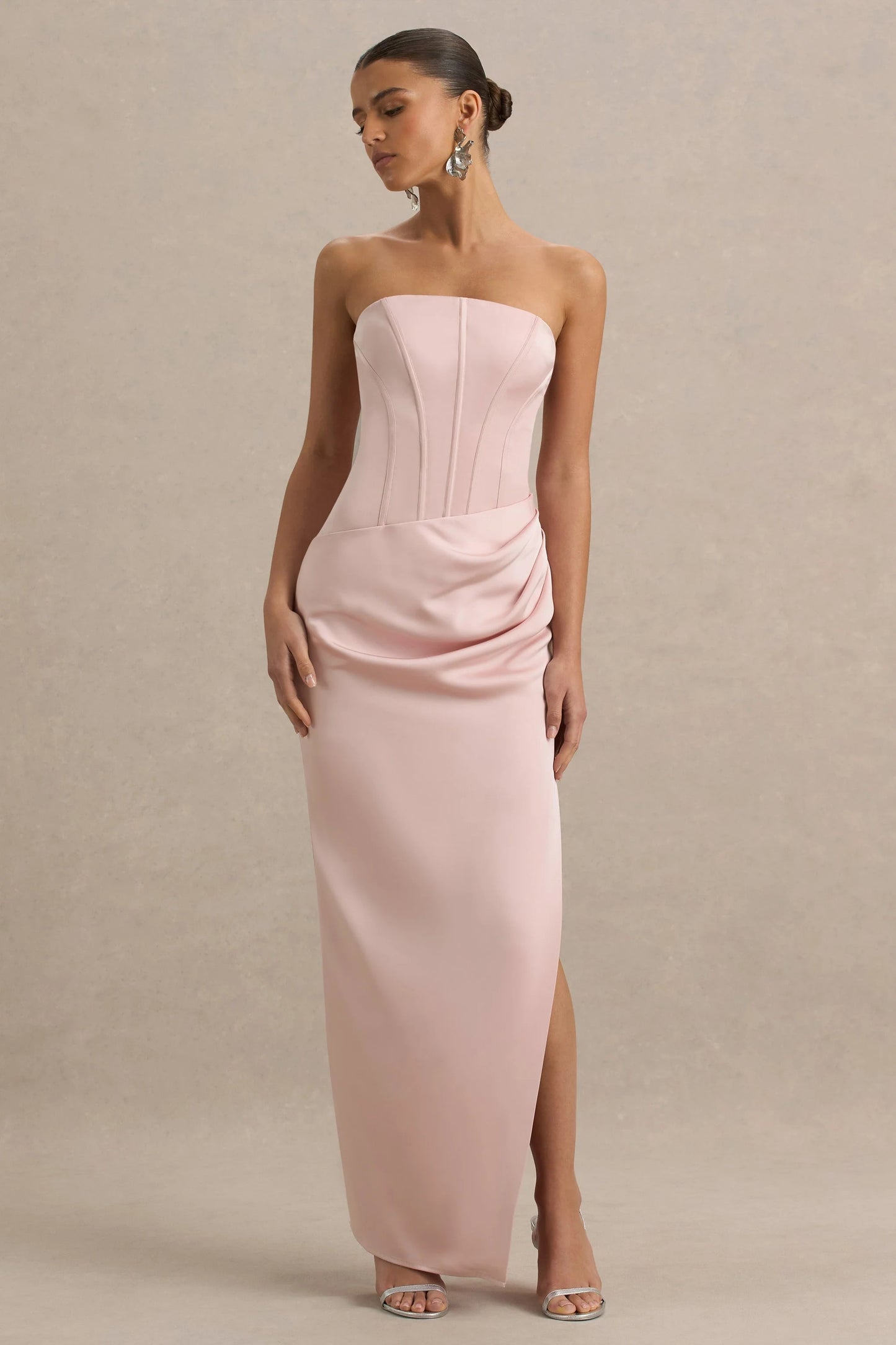 Joseline Pale Pink Satin Corset Wrap Maxi Dress With Scarf