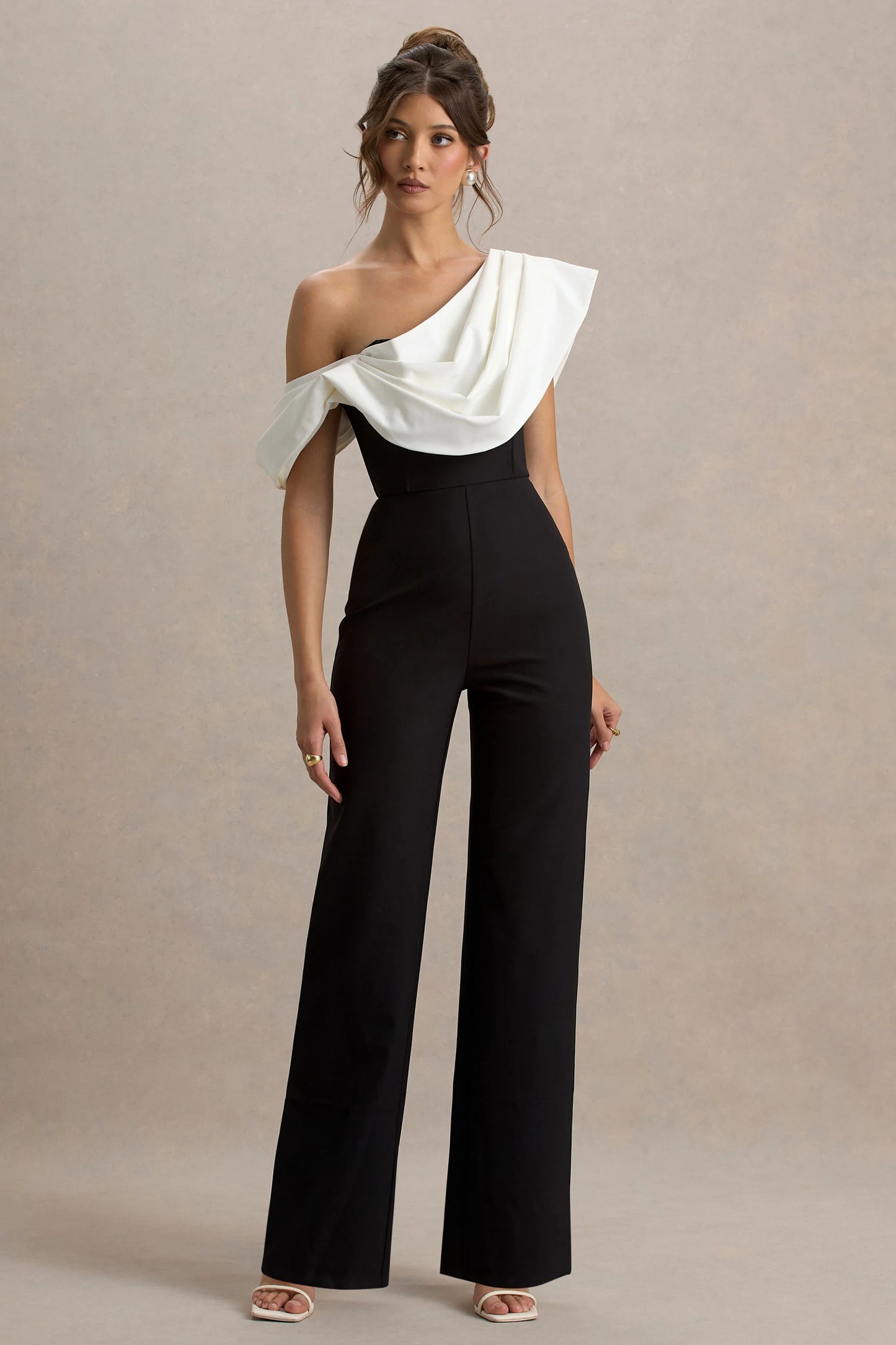 Falling For You Black & White Asymmetric Draped Jumpsuit