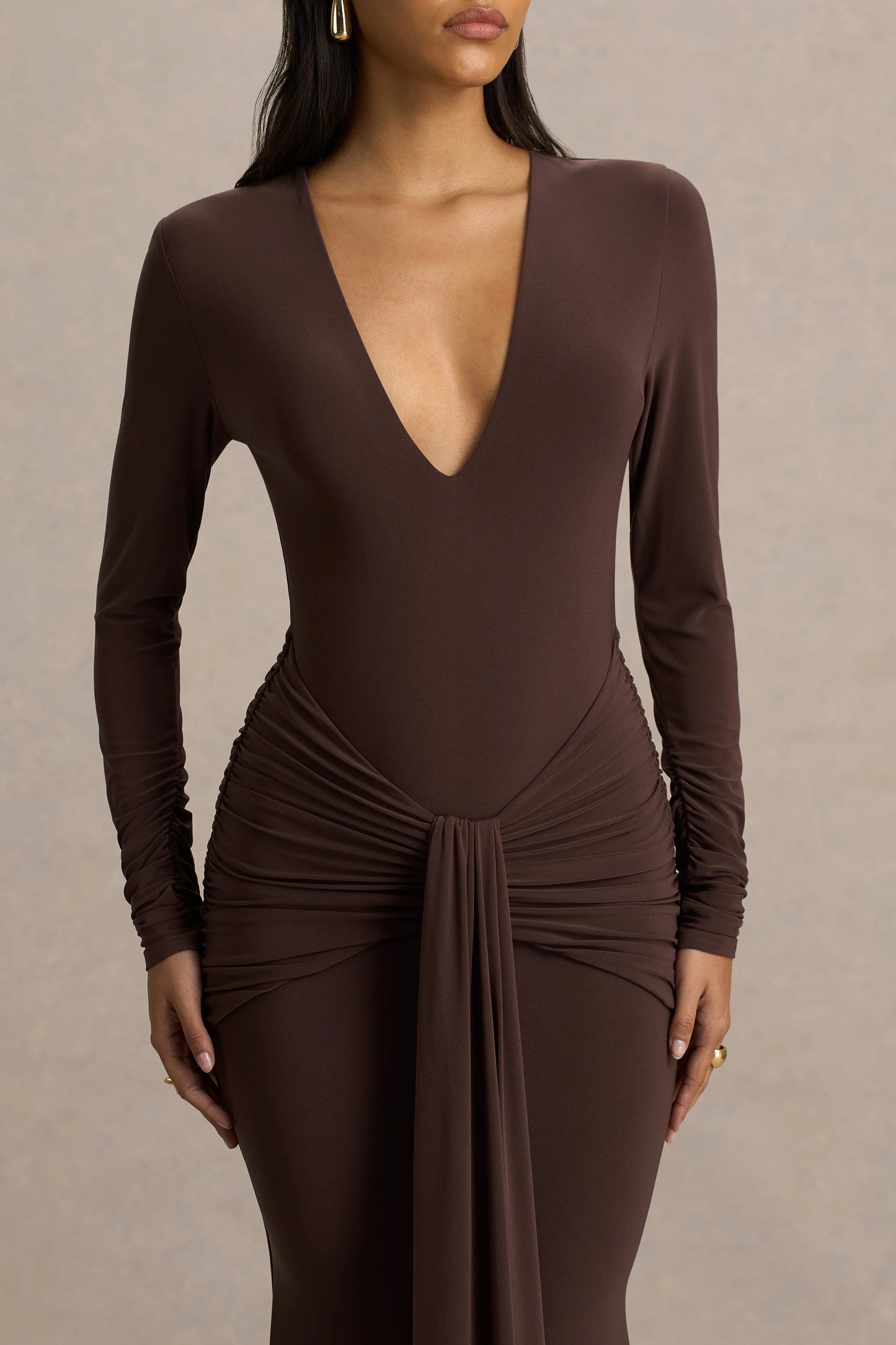 Saffie Chocolate Extreme-Plunge Wrap Maxi Dress With Long-Sleeves And Ruched Detailing