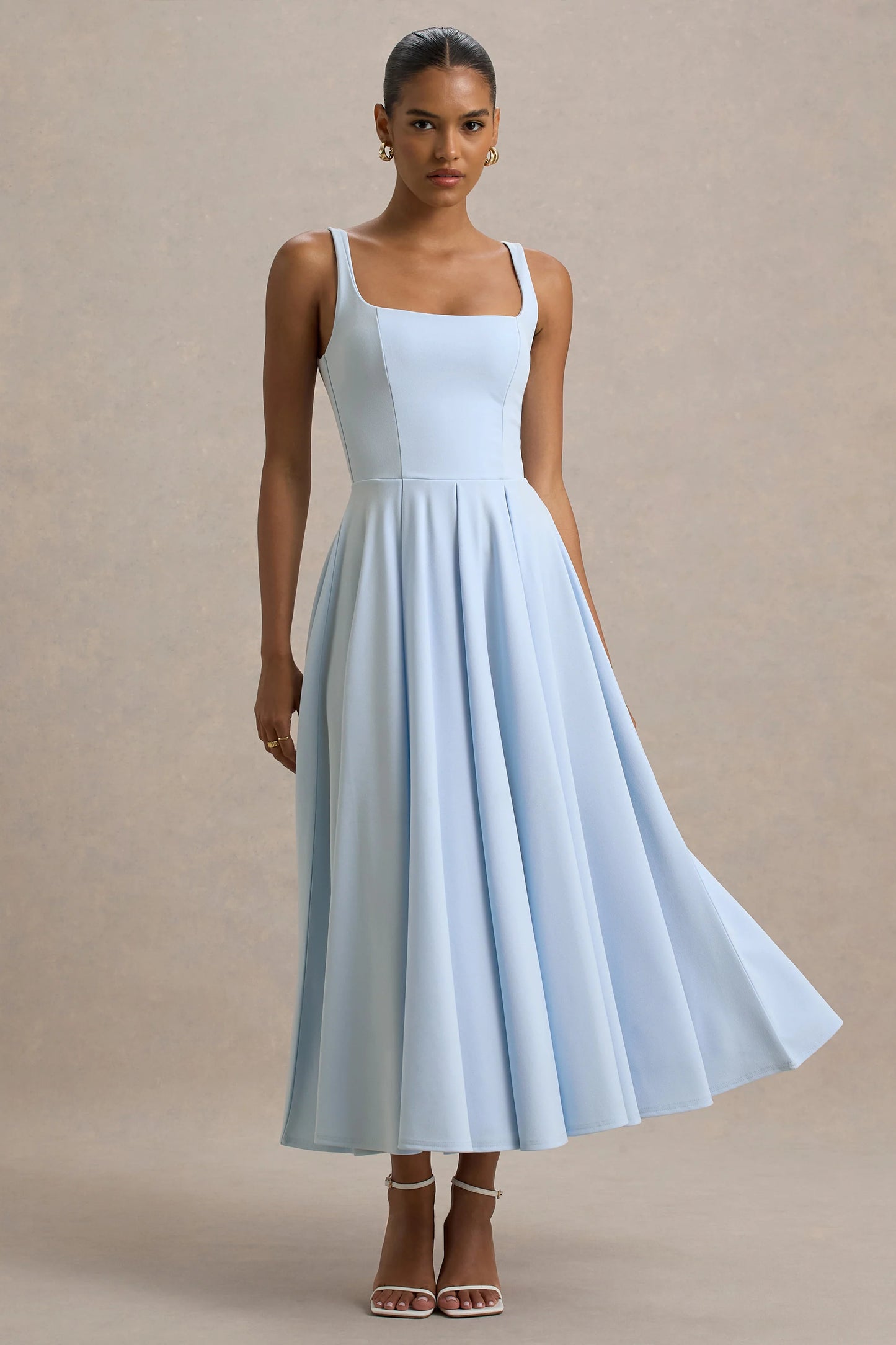 Parina Powder Blue Strappy Volume-Hem Midi Dress
