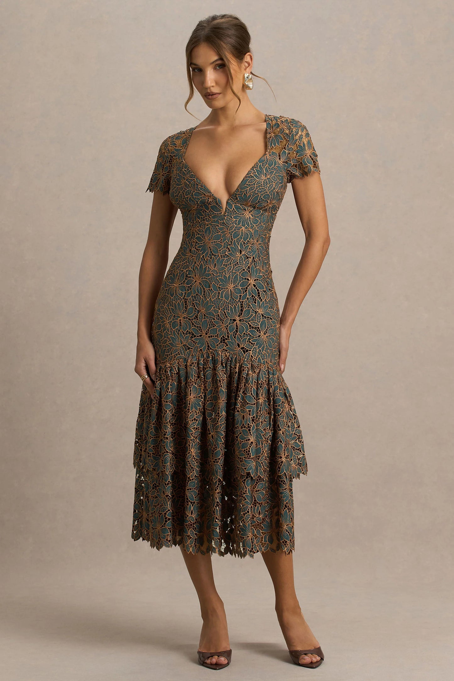 Sabrina Dark Green And Rust Embroidered Plunge-Neck Midi Dress