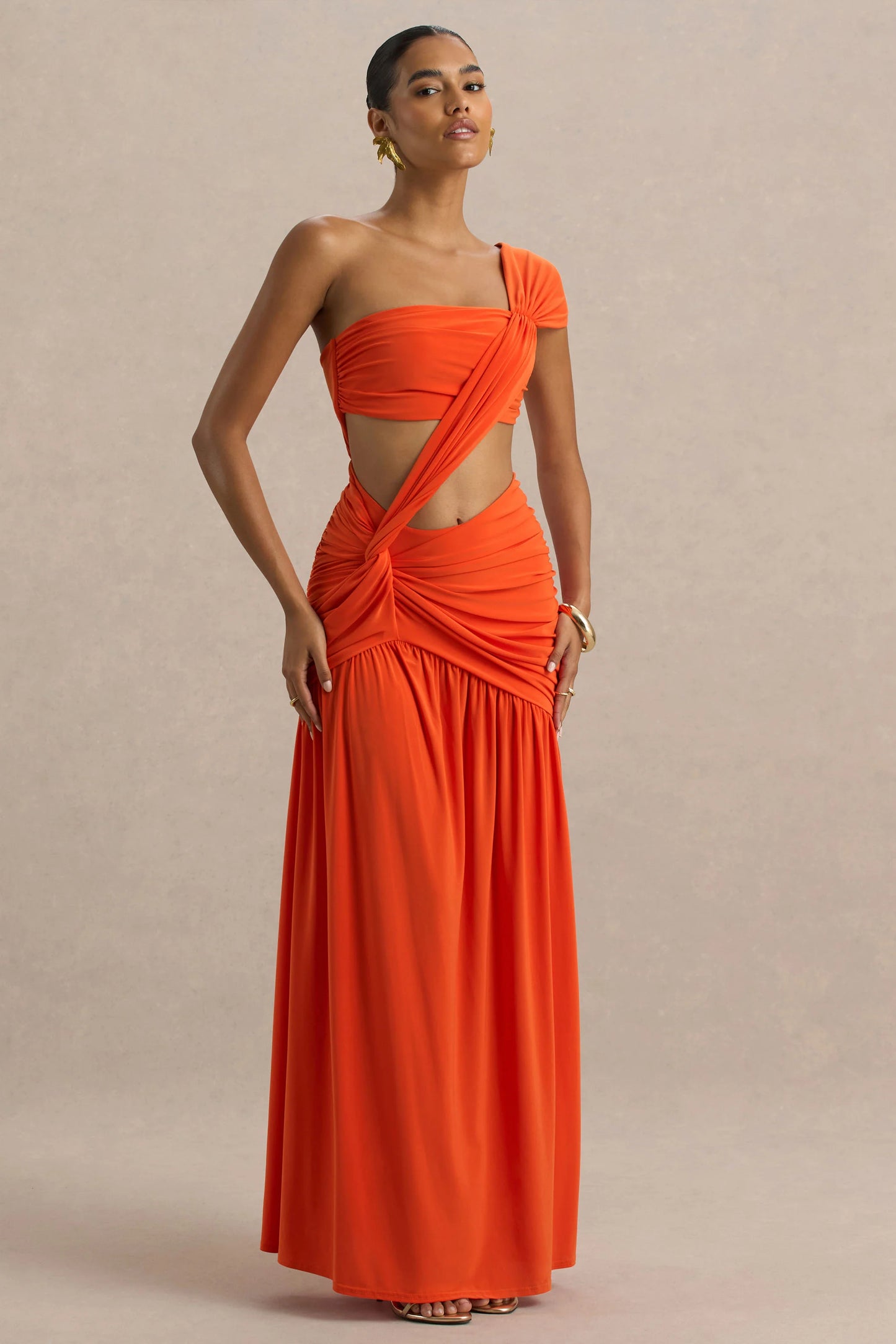 Cadiz Orange Asymmetric Maxi Dress With Cut-Out Detail and Open-Back