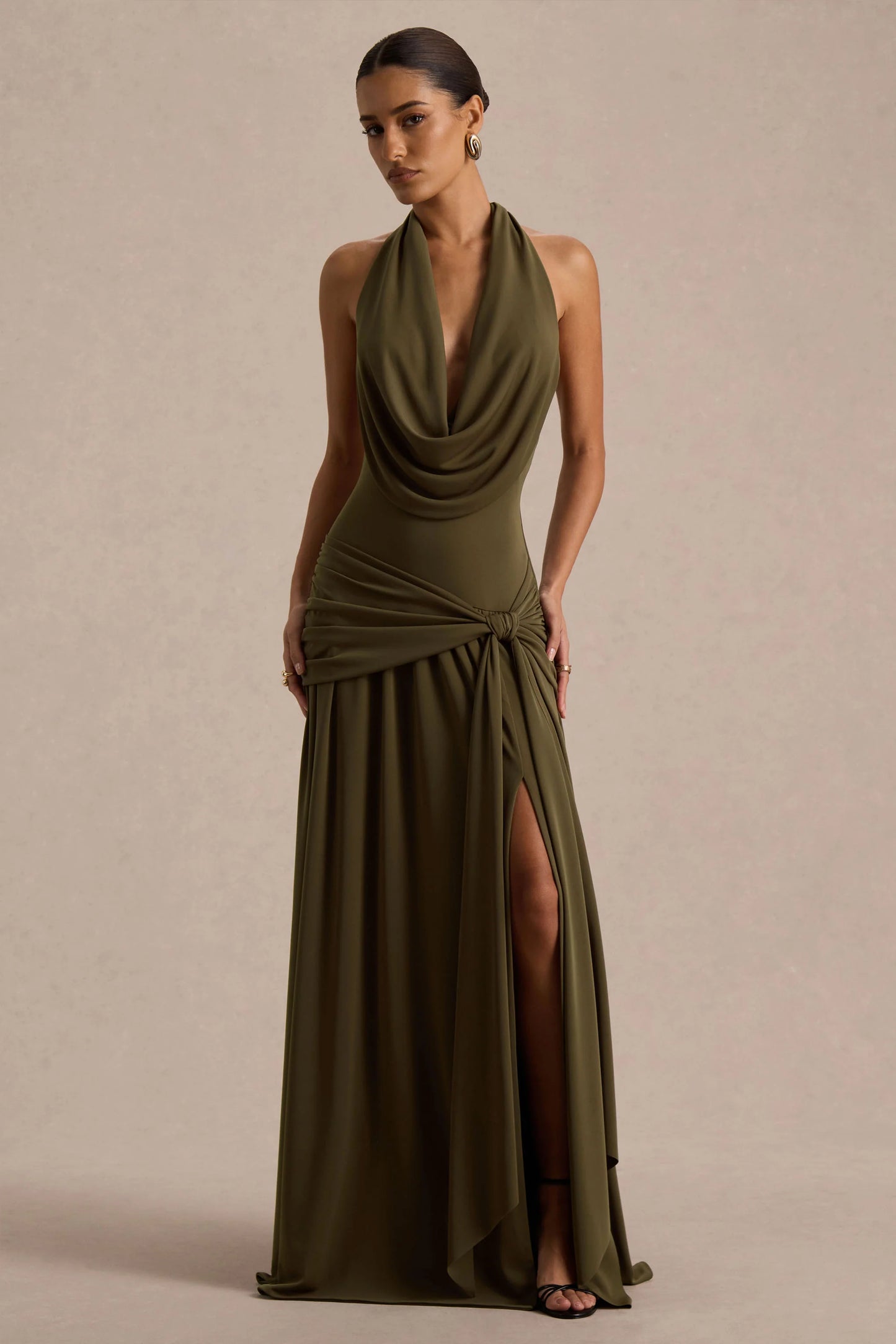 Mist Olive Plunge-Neck Maxi Dress With Knot-Detail And Open-Back