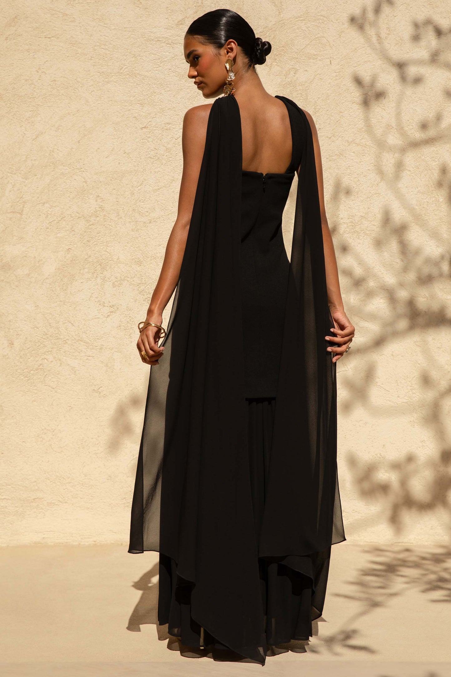 Kylie Black High-Neck Maxi Dress With Chiffon Skirt