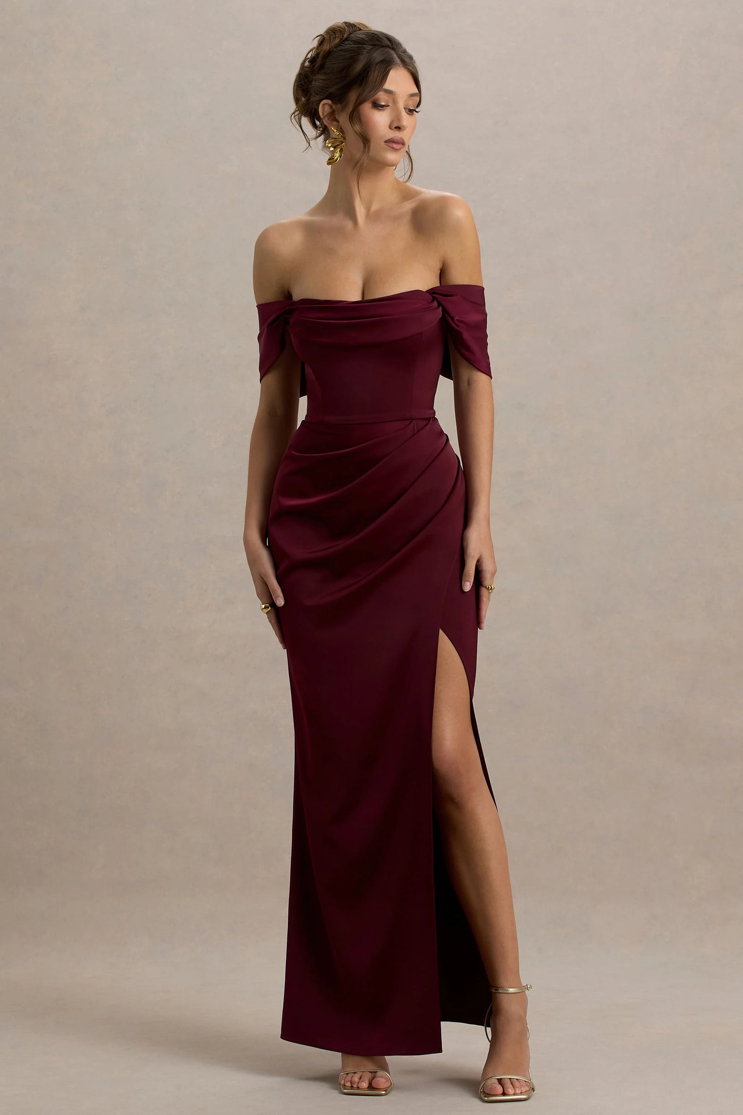Annie Burgundy Satin Bardot Maxi Dress With Split Wrap Skirt