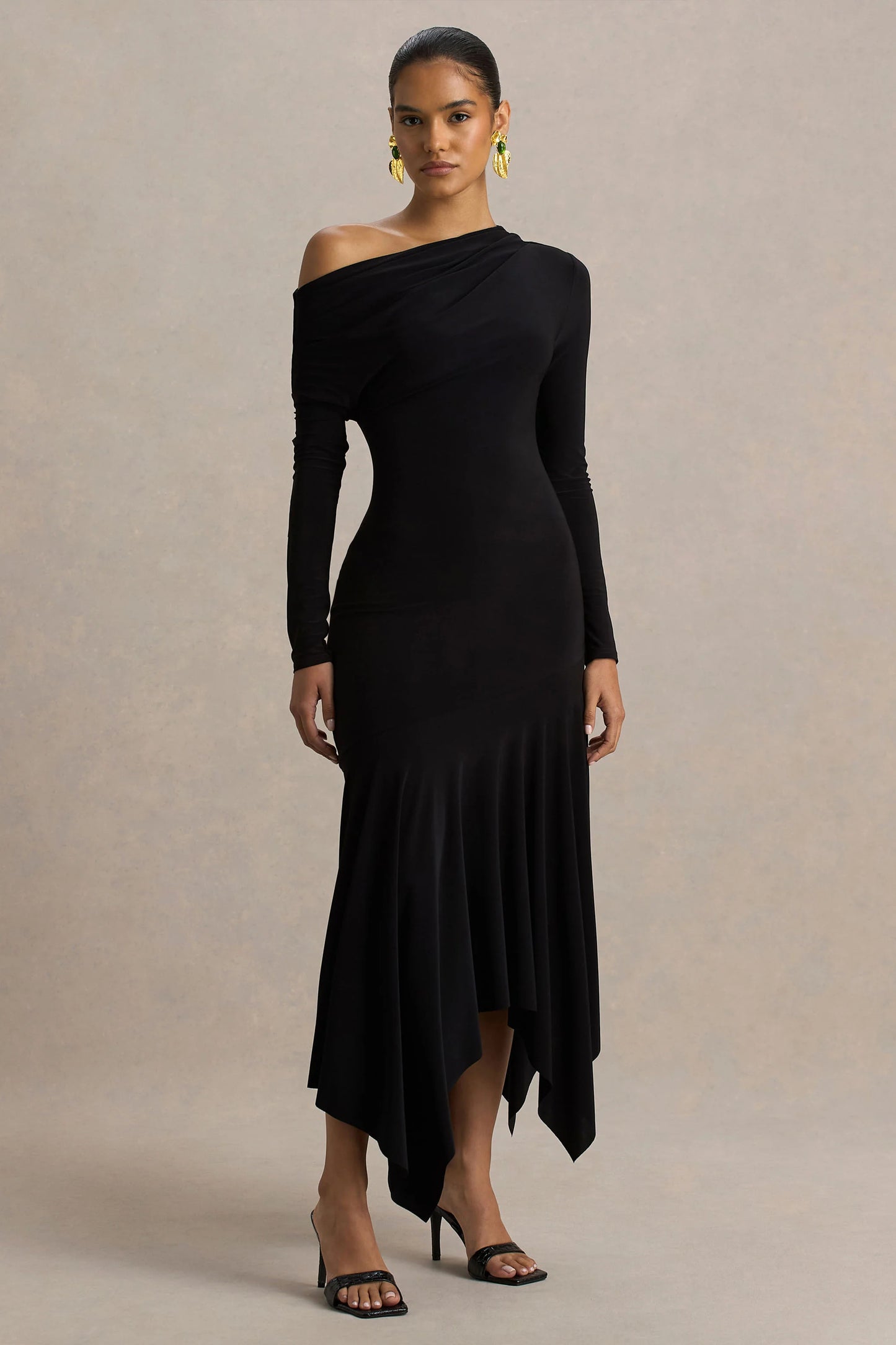 Isola Black Asymmetric-Neck Midi Dress With Hanky-Hem