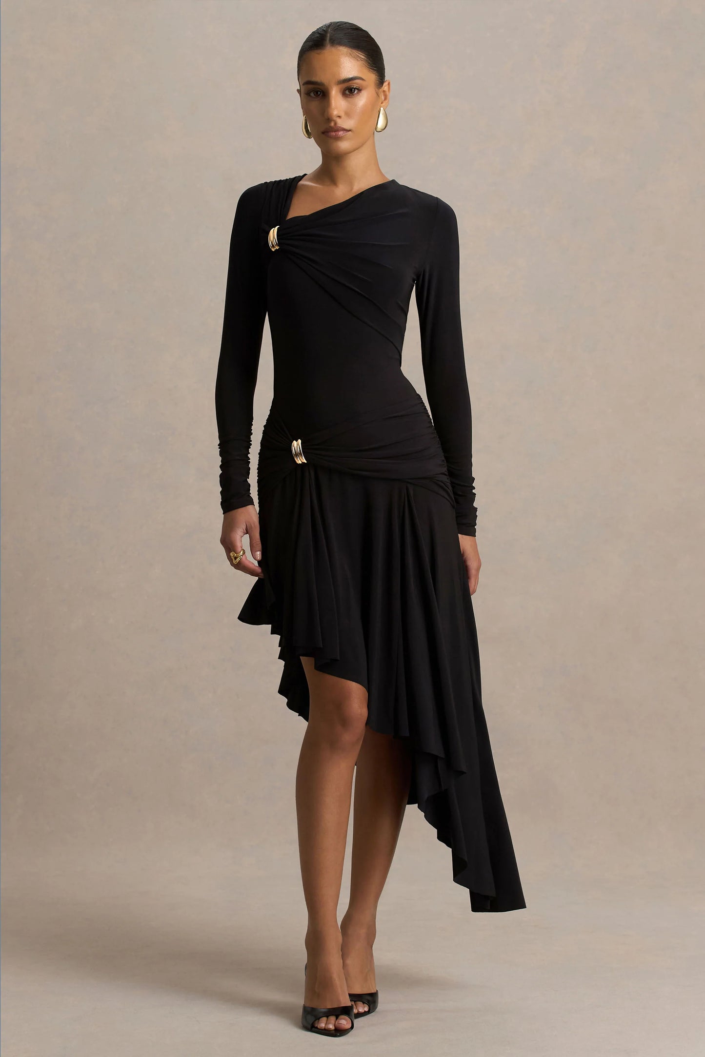 Alexia Black Asymmetric-Neck Maxi Dress With Gold-Details