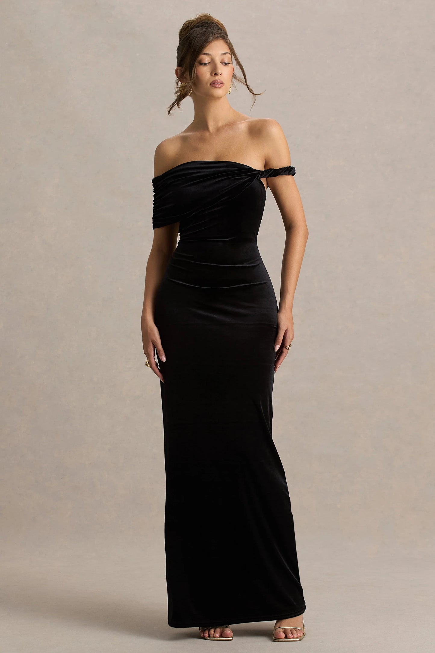Poised Black Velvet Bardot-Neck Maxi Dress With Twist-Sleeve