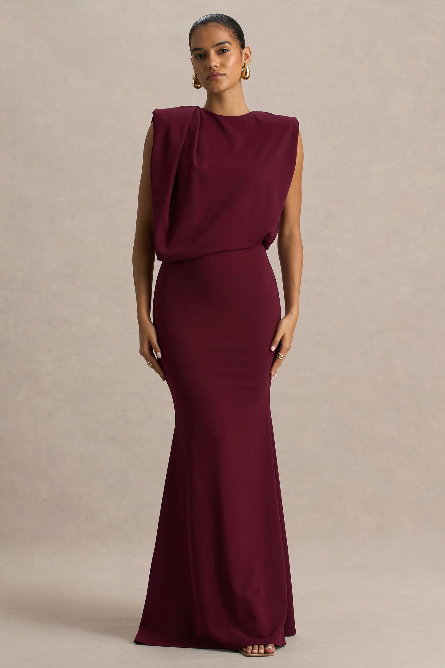 Meave Burgundy Boat-Neck Maxi Dress With Draped Detail