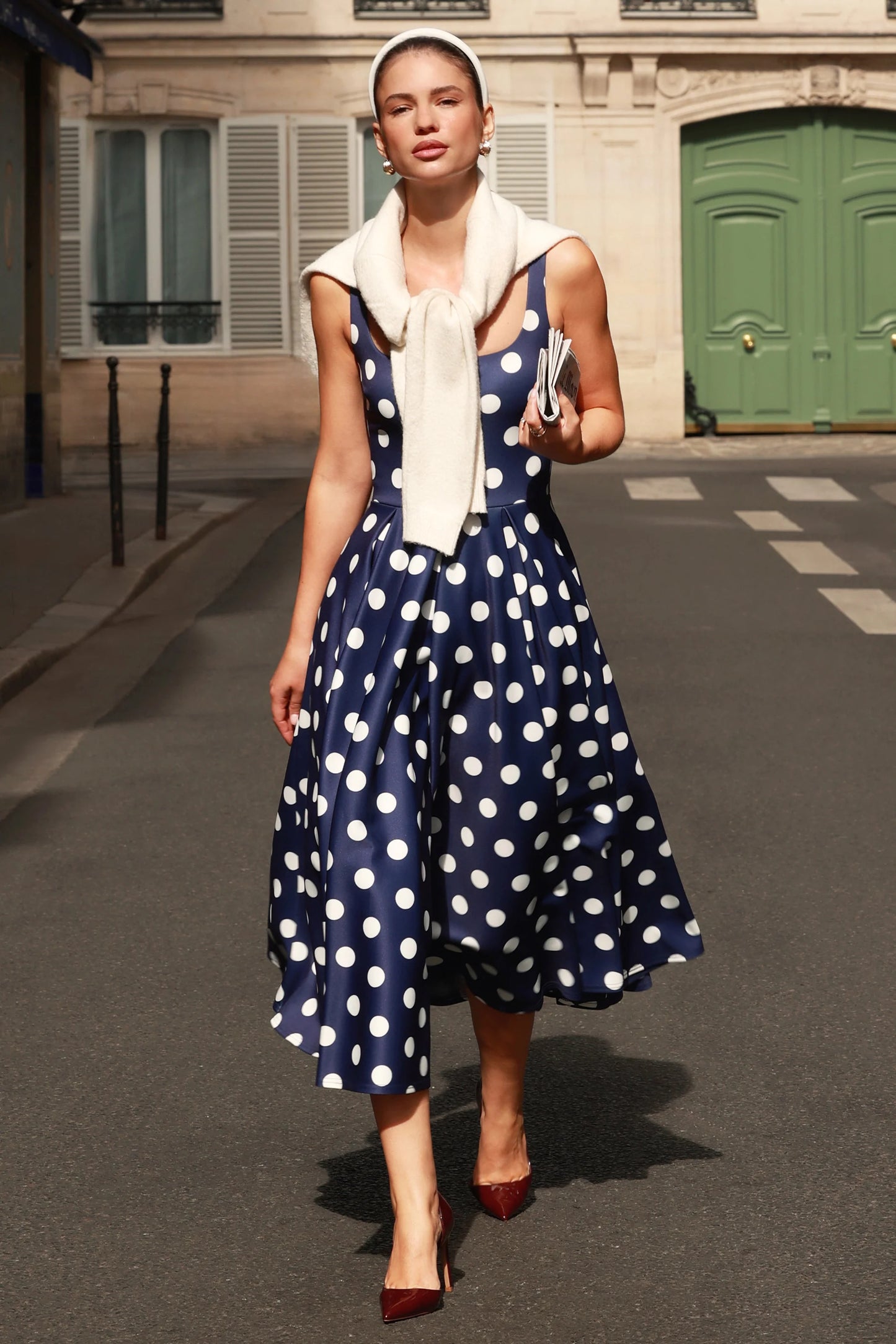 Berta Navy And White Polka-Dot Square-Neck Midi Dress