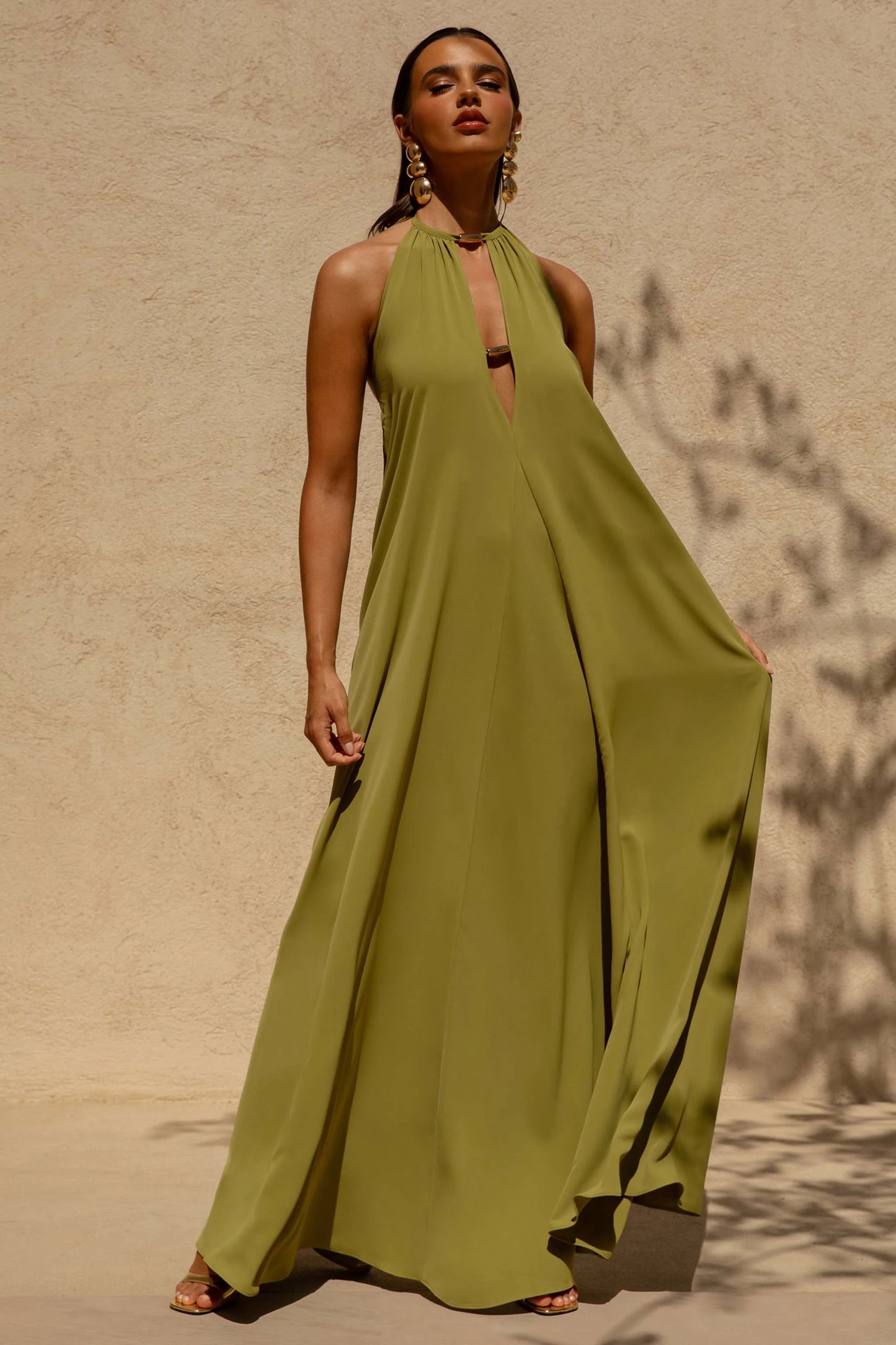 Zyon Green High-Neck Maxi Dress with Cut-Out Details