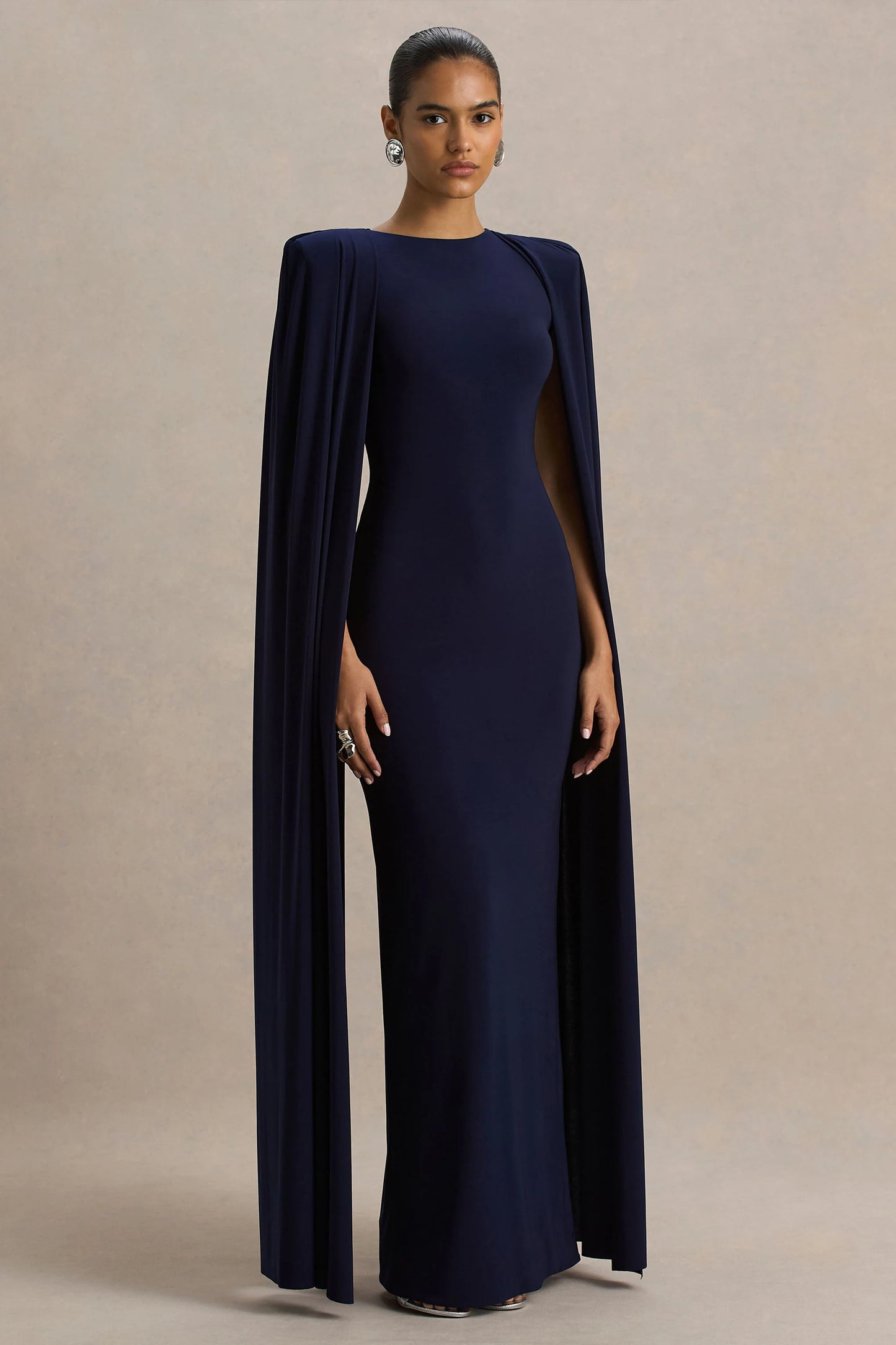 Mimi Navy High-Neck Maxi Dress With Cape Sleeve Detail