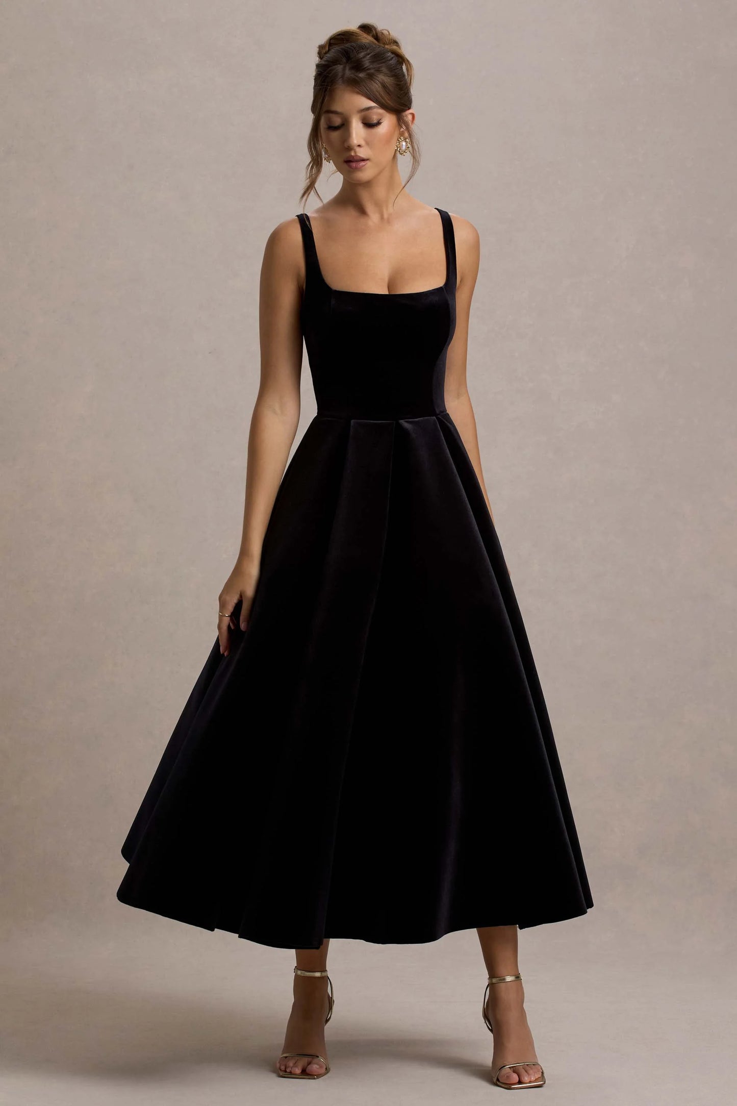 Francisca Black Velvet Strappy Volume-Hem Midi Dress