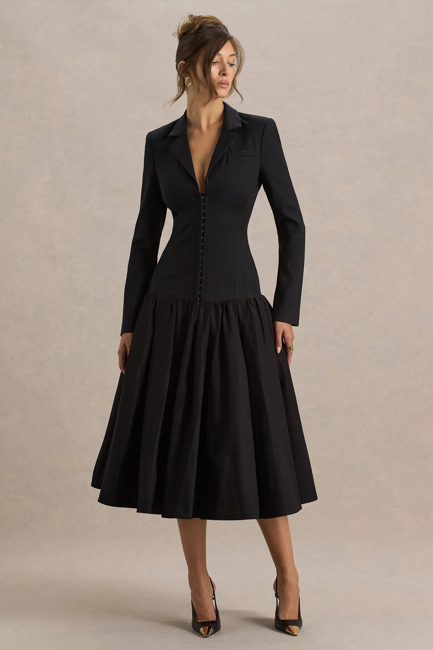 Cosmopolitan Black Plunge-Neck Tailored Midi Dress With Pleated Hem