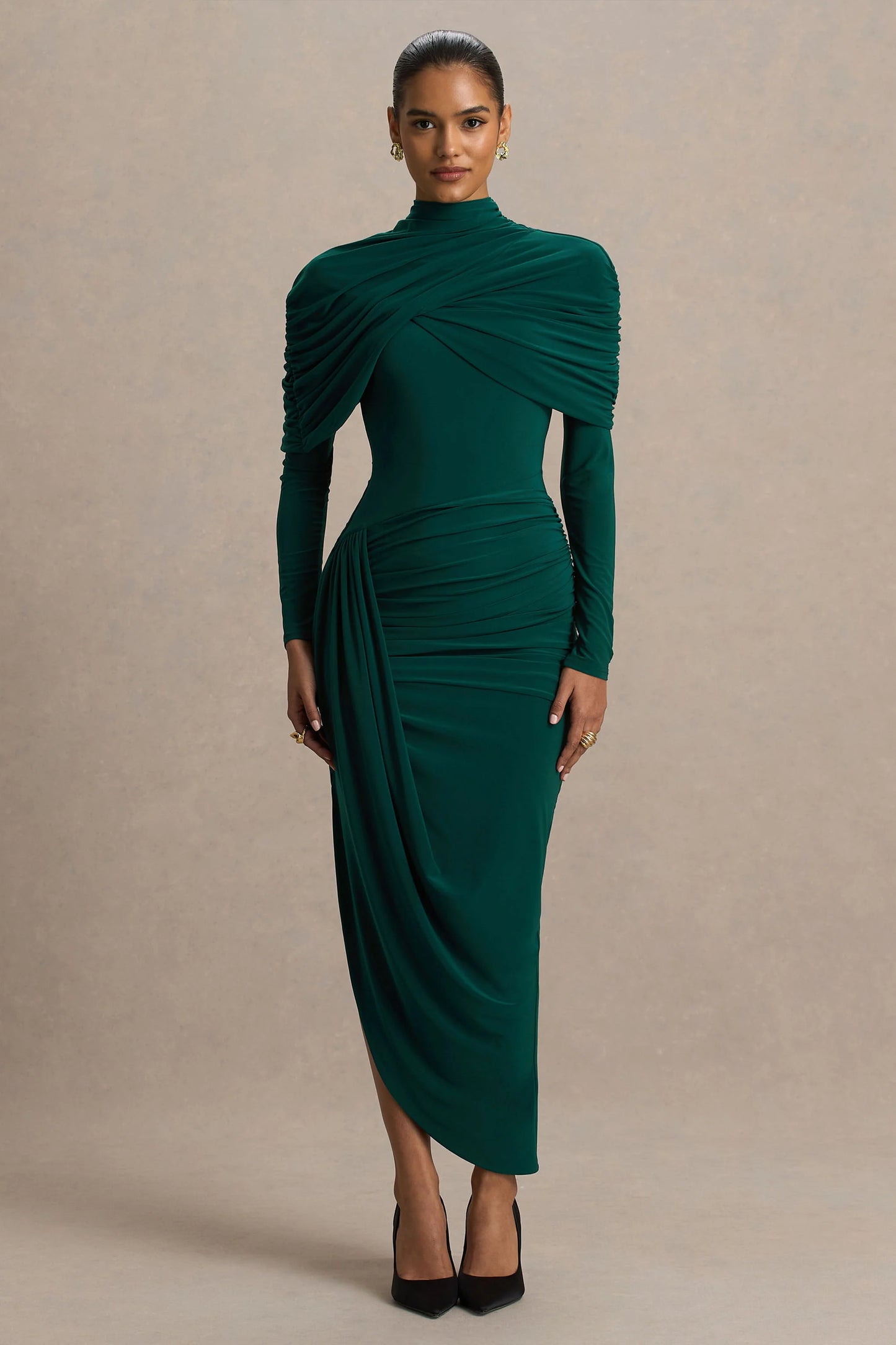 Aneira Bottle Green High-Neck Maxi Dress With Cape Sleeves