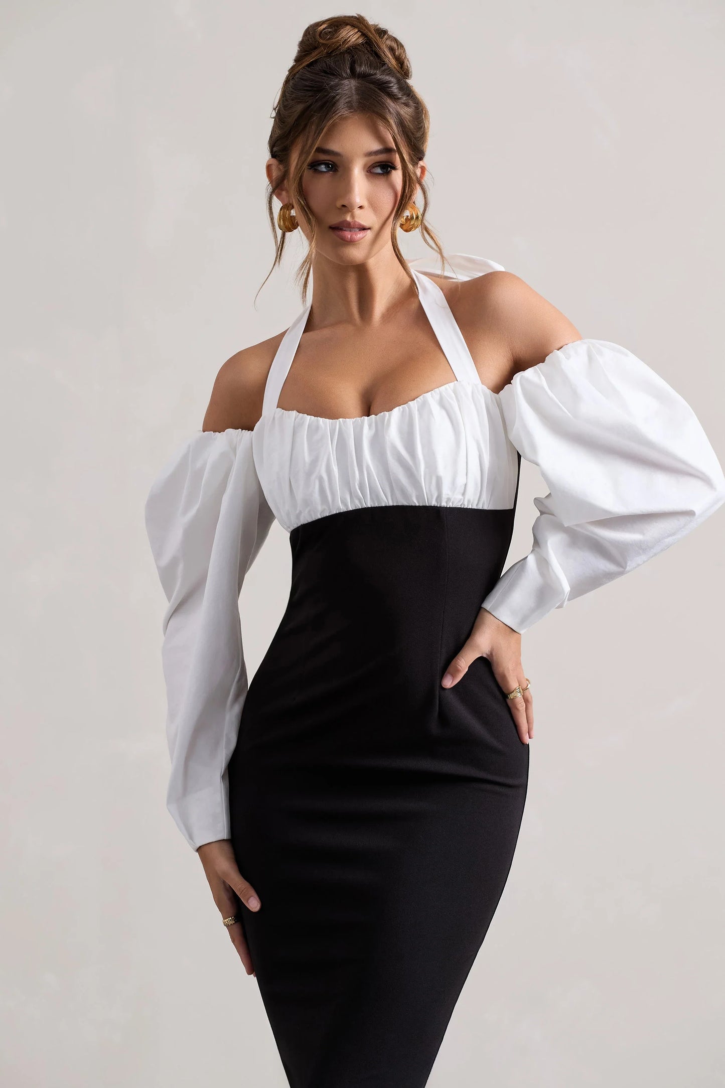 Couture Client Black Halter-Neck Puff Sleeve Midi Dress