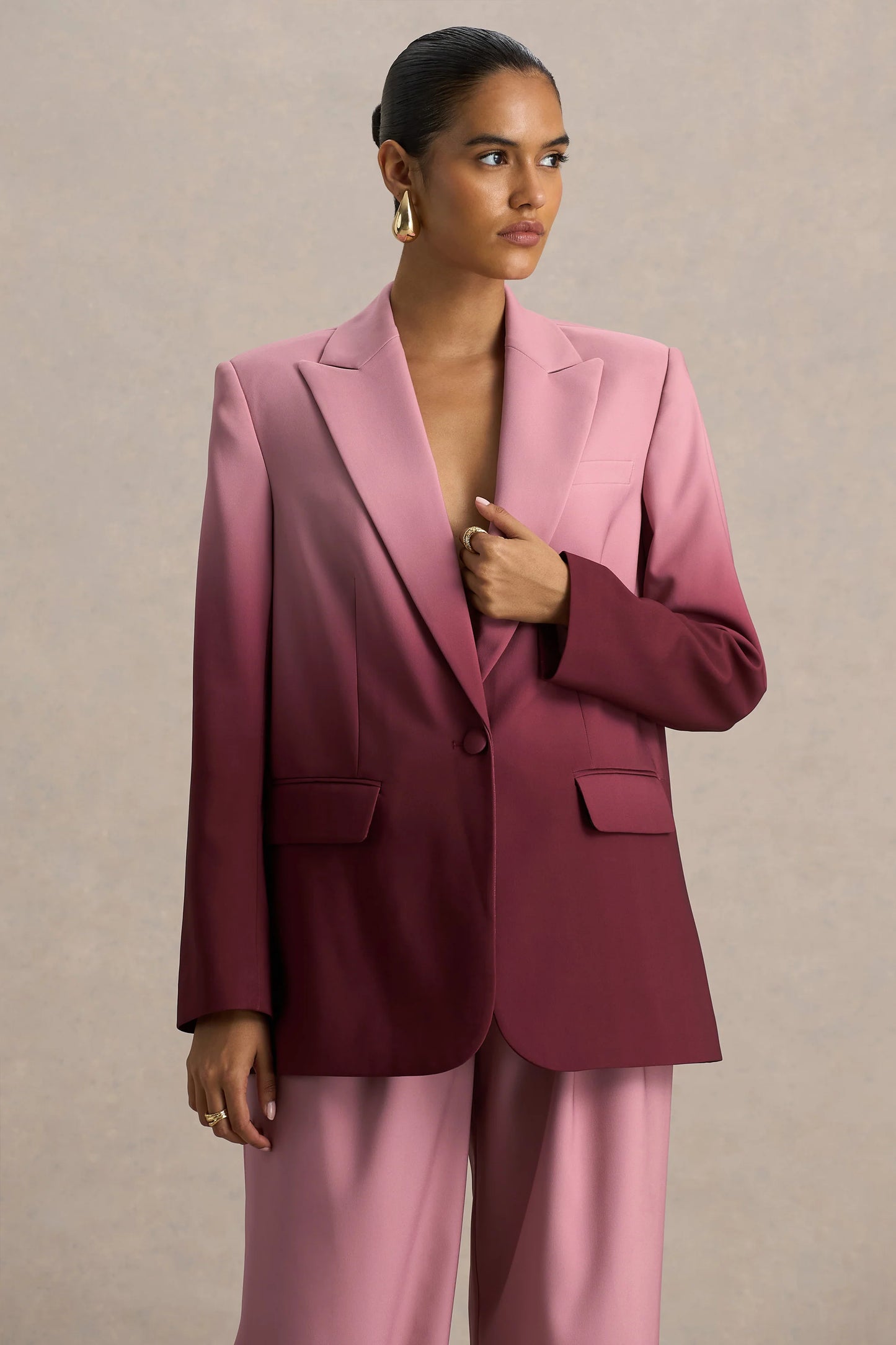 Enya Cherry Ombre Plunge-Neck Satin Blazer