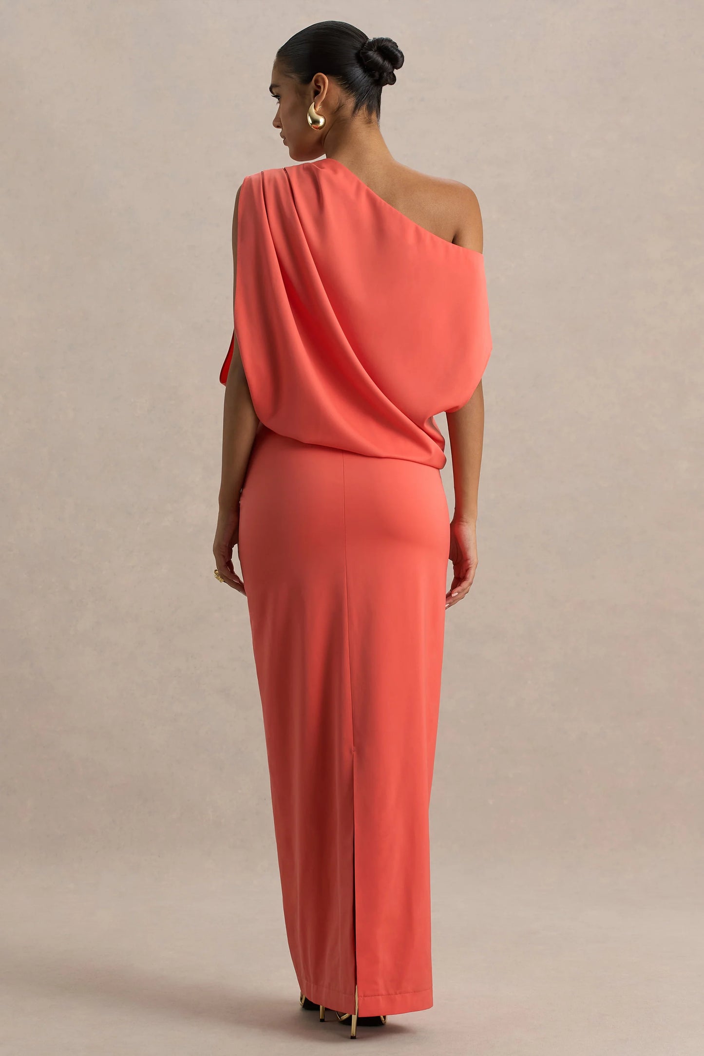 Ronnie Coral Satin Asymmetric-Neck Maxi Dress With Draping Detail