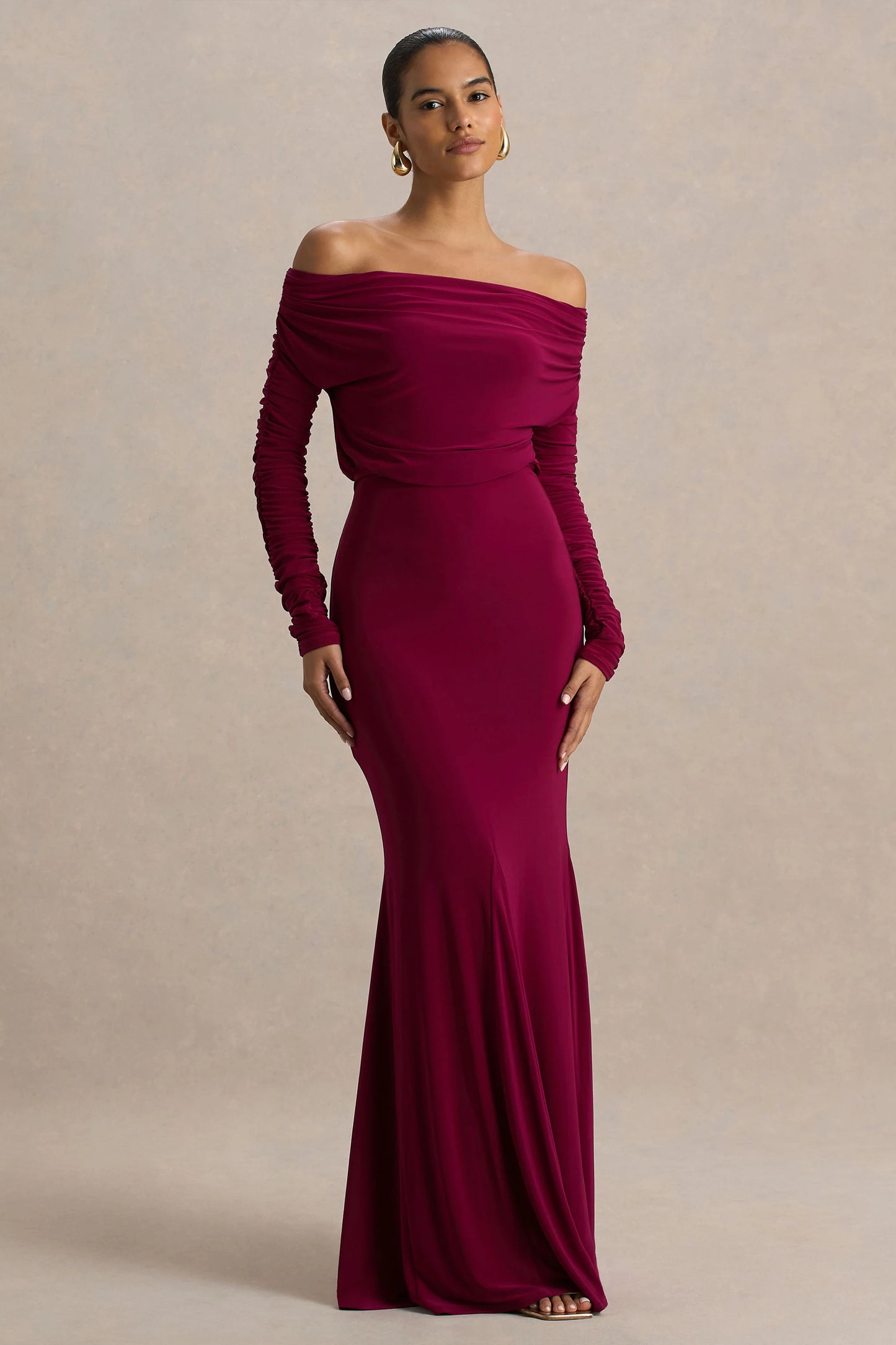Cilla Burgundy Bardot-Neck Maxi Dress With Ruched Detailing