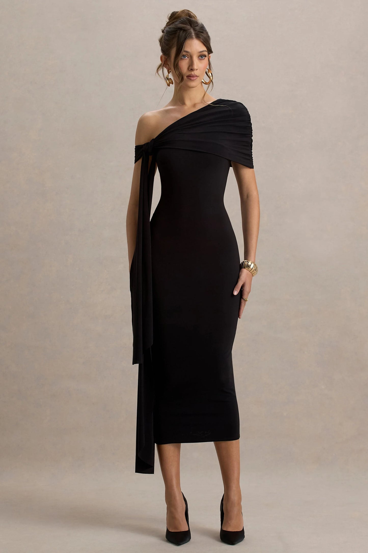 Praia Black Asymmetric-Neck Maxi Dress With Sash and Draped Detailing