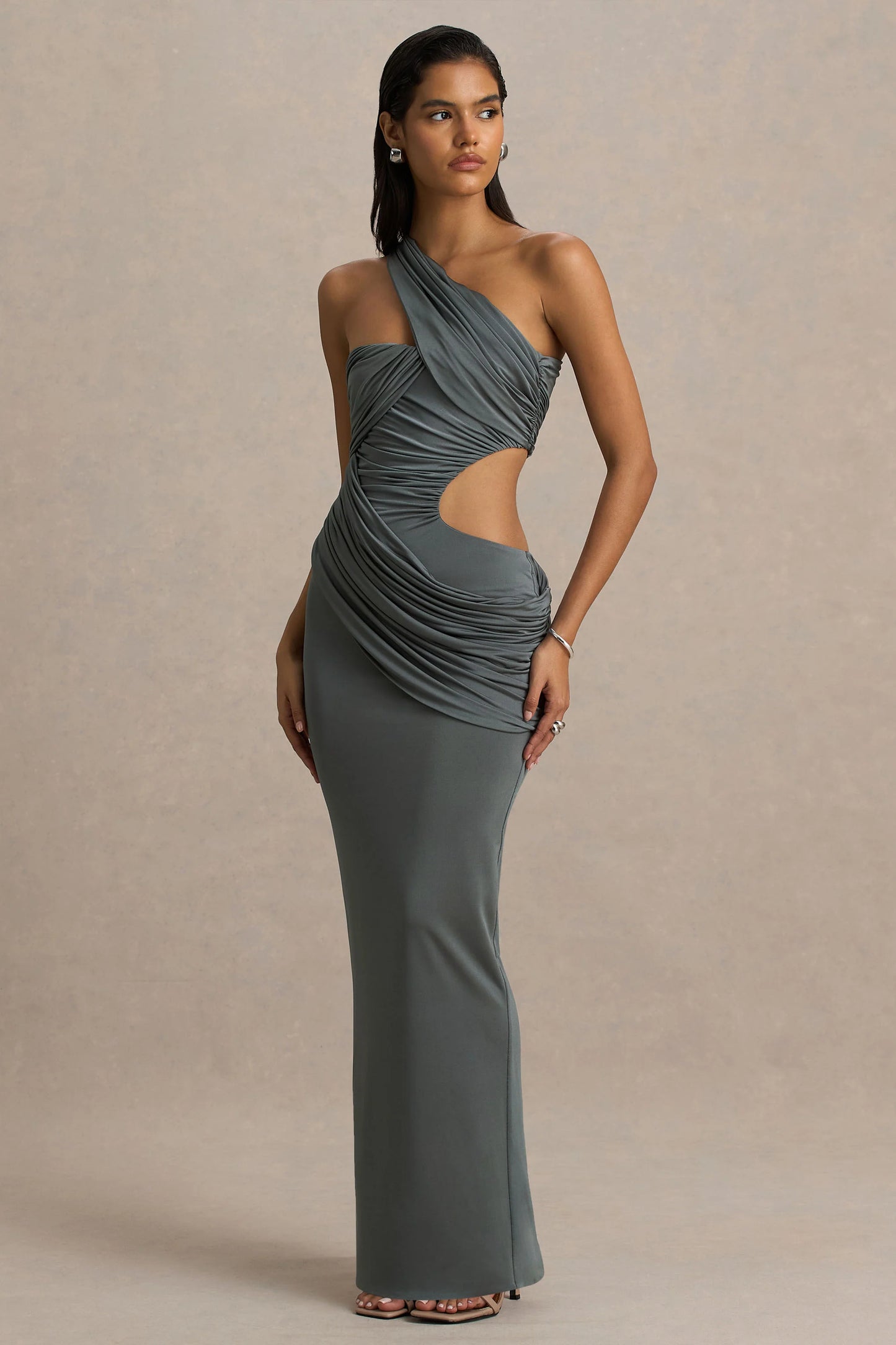 Serefine Grey Asymmetric-Neck Maxi Dress With Body Cut-Out