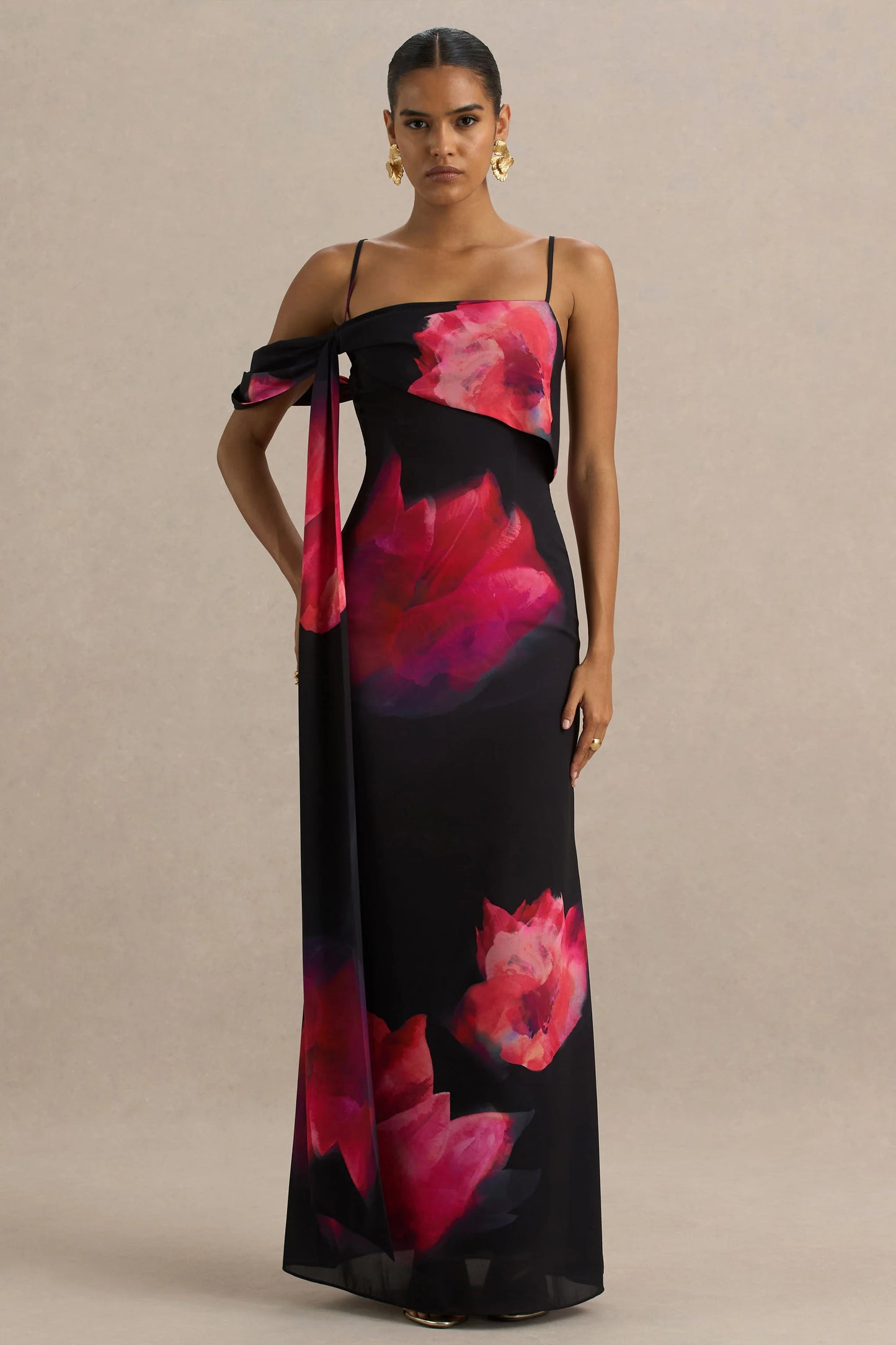 Leonara Black And Pink Floral Print Cowl-Neck Maxi Dress With One-Sleeve