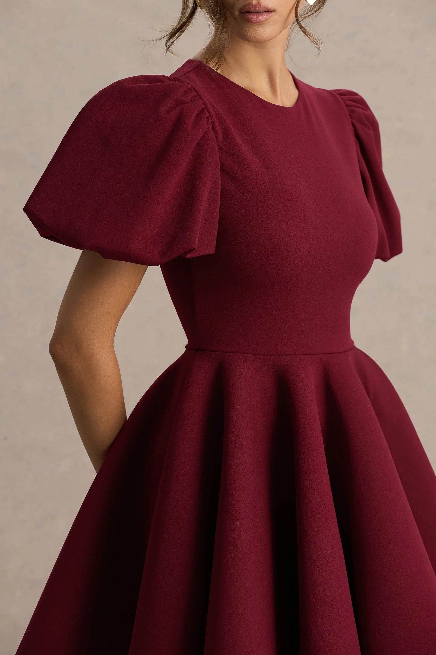 Emelia Burgundy Puff-Sleeve Skater Mini Dress