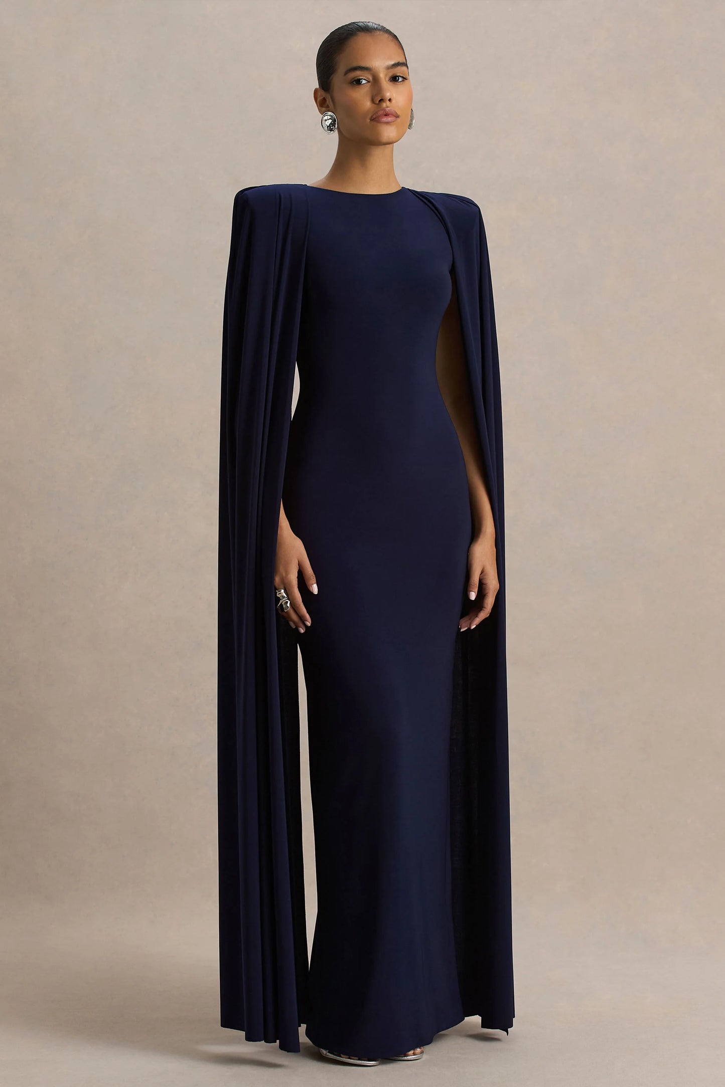 Mimi Navy High-Neck Maxi Dress With Cape Sleeve Detail