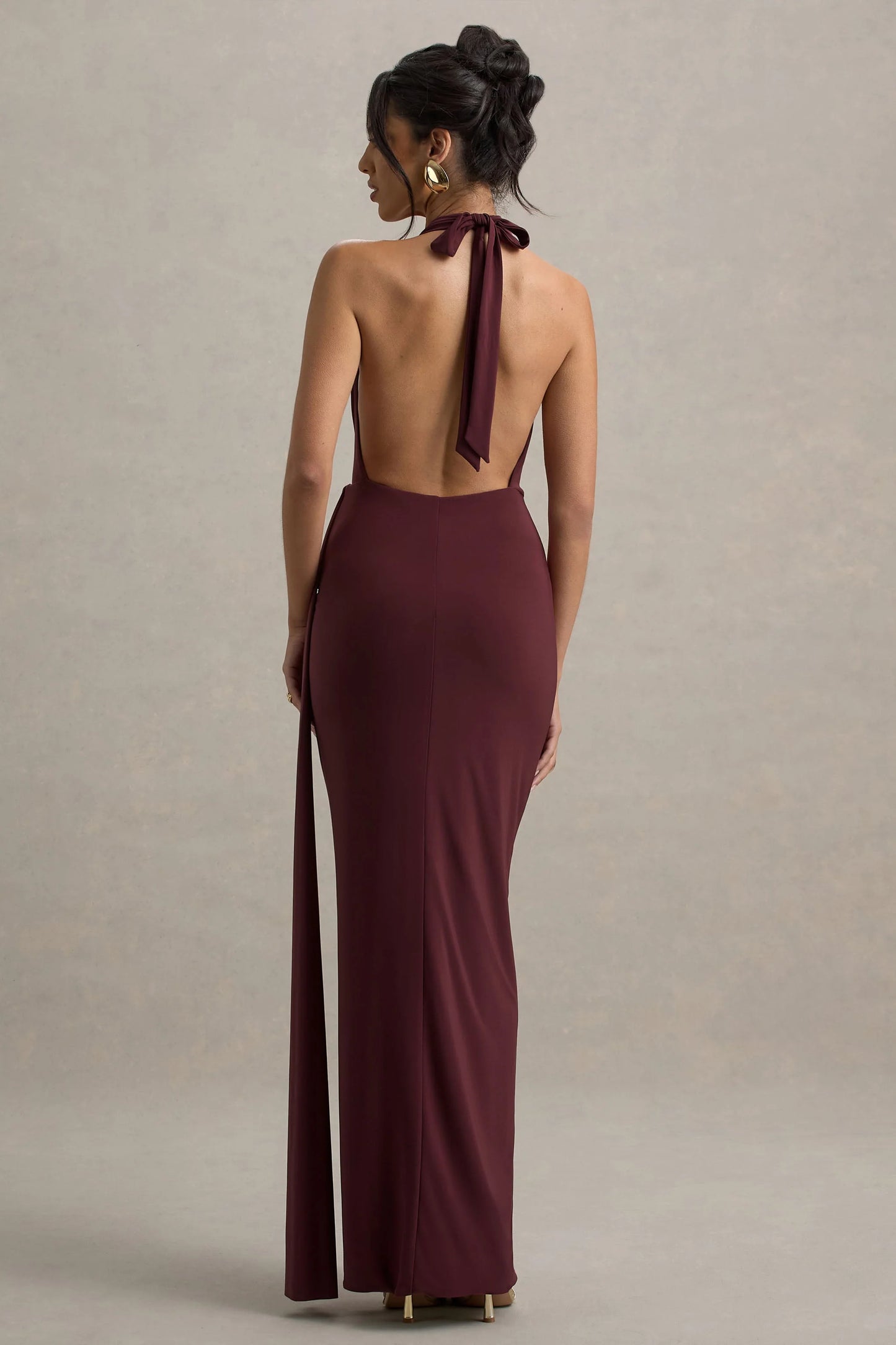 Rosina Burgundy Halter-Neck Draped Maxi Dress With Sash