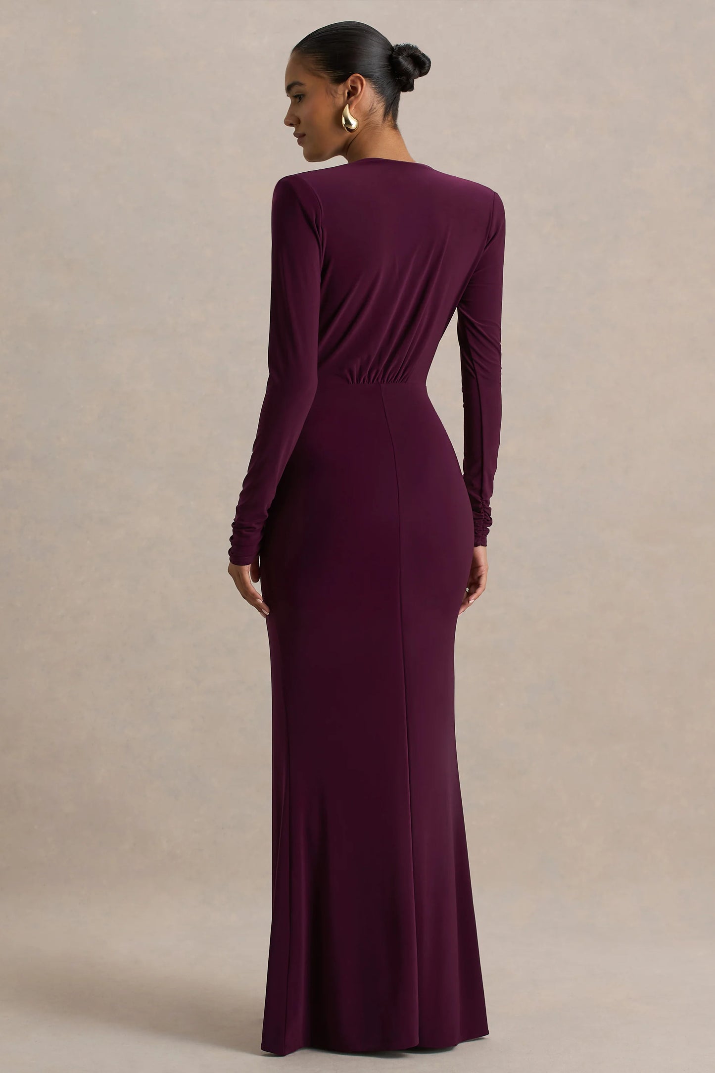 Flashy Burgundy Plunge-Neck Maxi Dress With Ruched Detailing