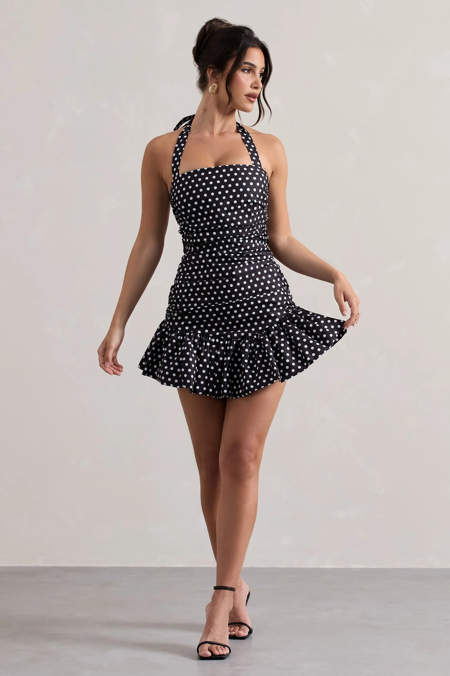 Zahra Black & White Polka Dot Halter-Neck Ruched Mini Dress With Ruffle Hem