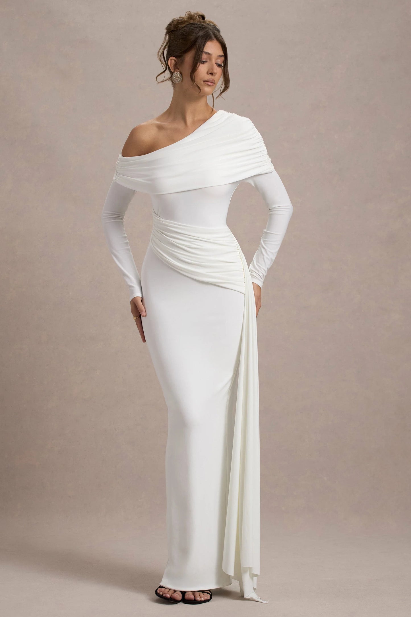 Valina White Ruched Asymmetric Maxi Dress With Drape
