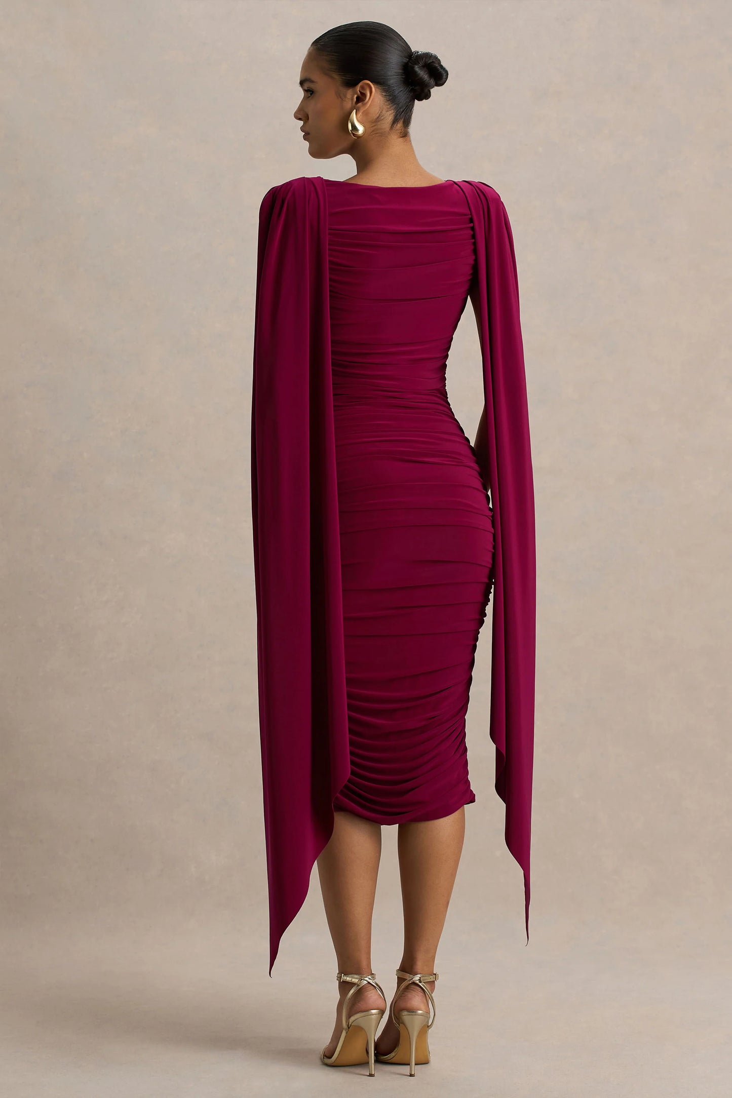 Wanderer Burgundy Crew-Neck Midi Dress With Draped and Ruched Detailing
