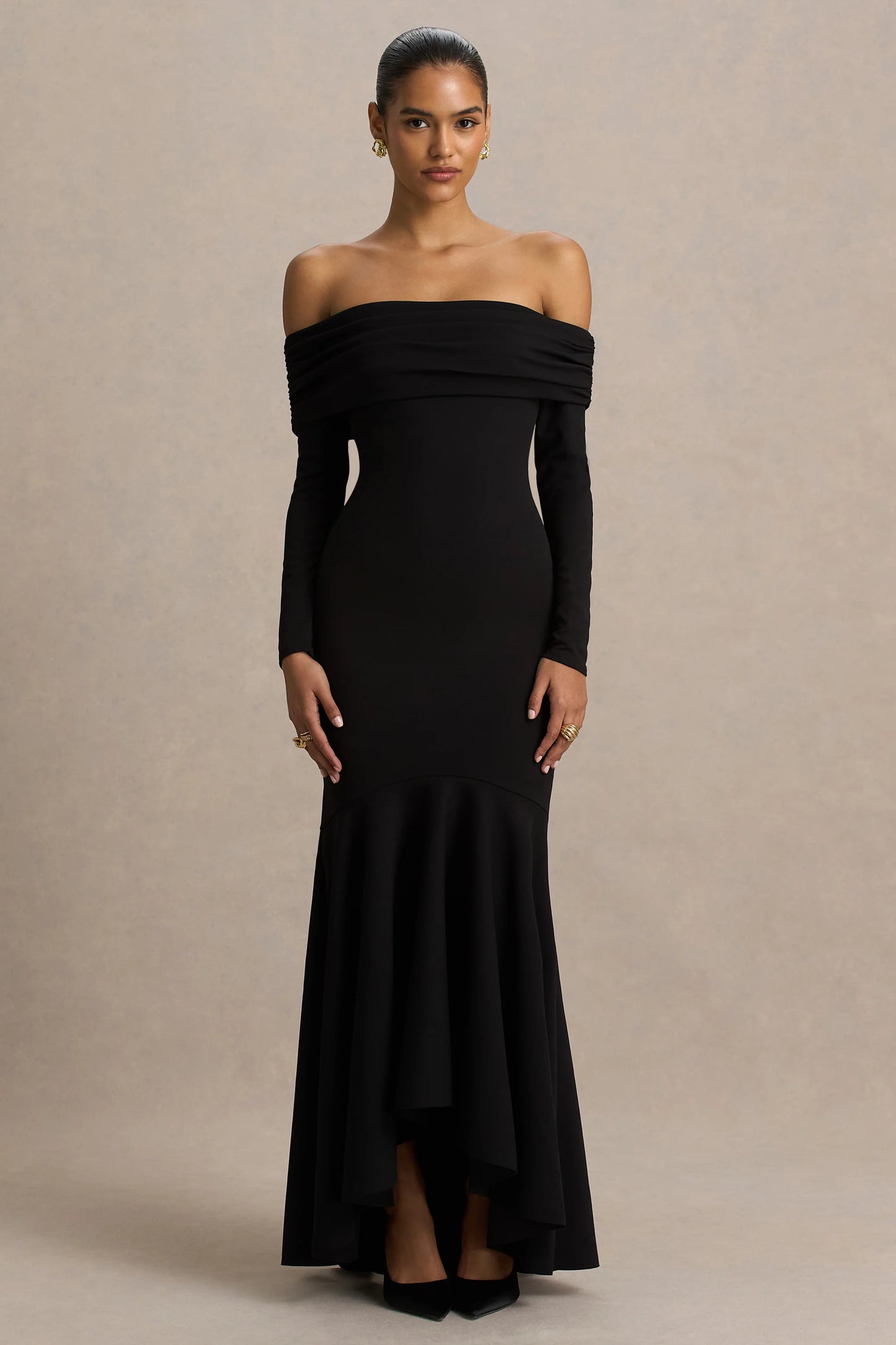 Everlasting Black Bardot-Neck Maxi Dress With Pleated Detailing