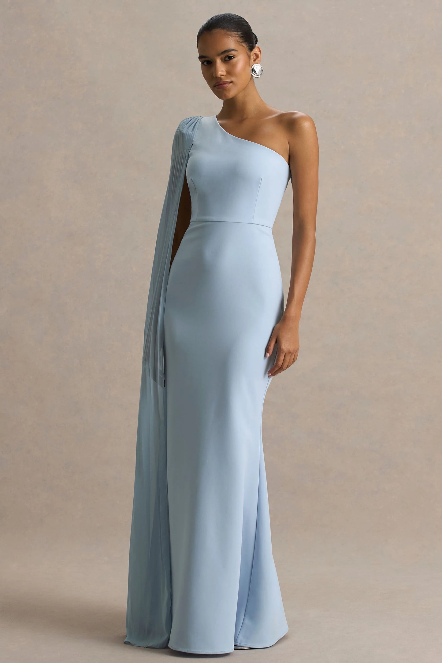 Athens Powder Blue Asymmetric-Neck Maxi Dress With Cape Sleeve Detail