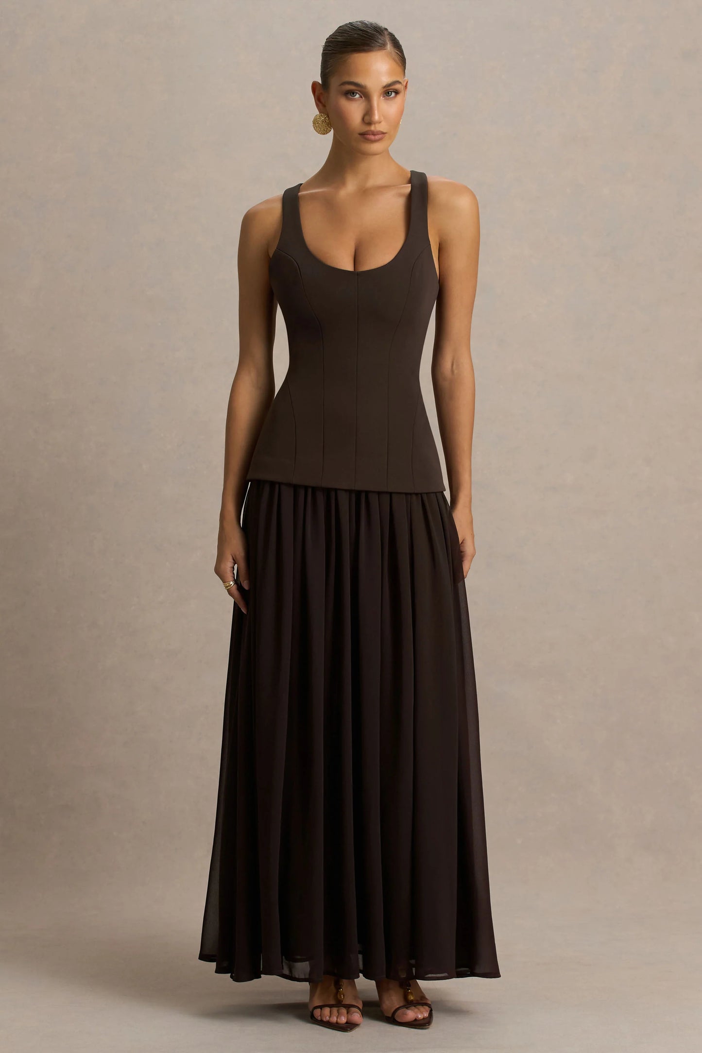 Kelly Brown Scoop-Neck Maxi Dress With Pleated Mesh Skirt
