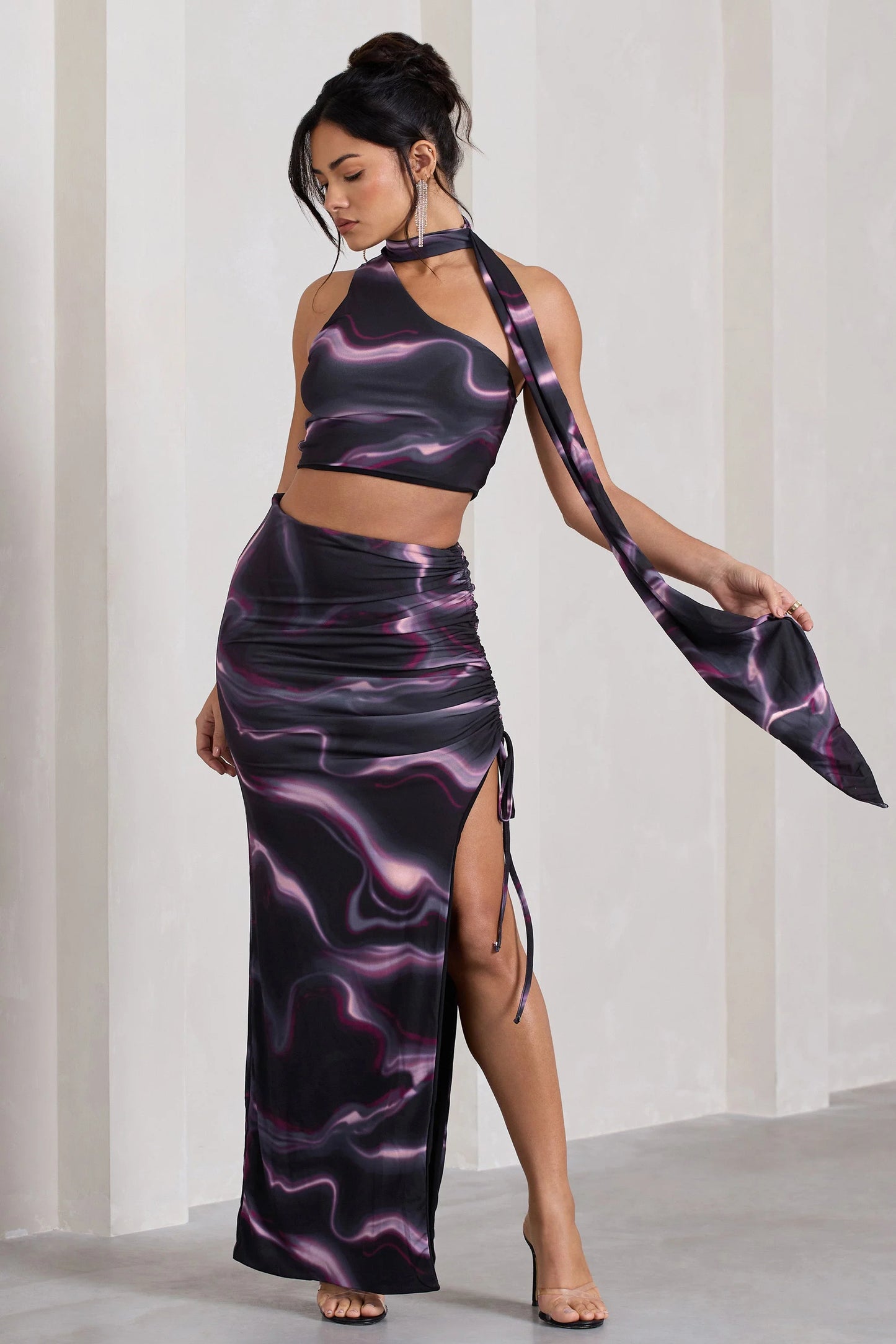 In The Air Black Printed Ruched Asymmetric High-Waisted Maxi Skirt