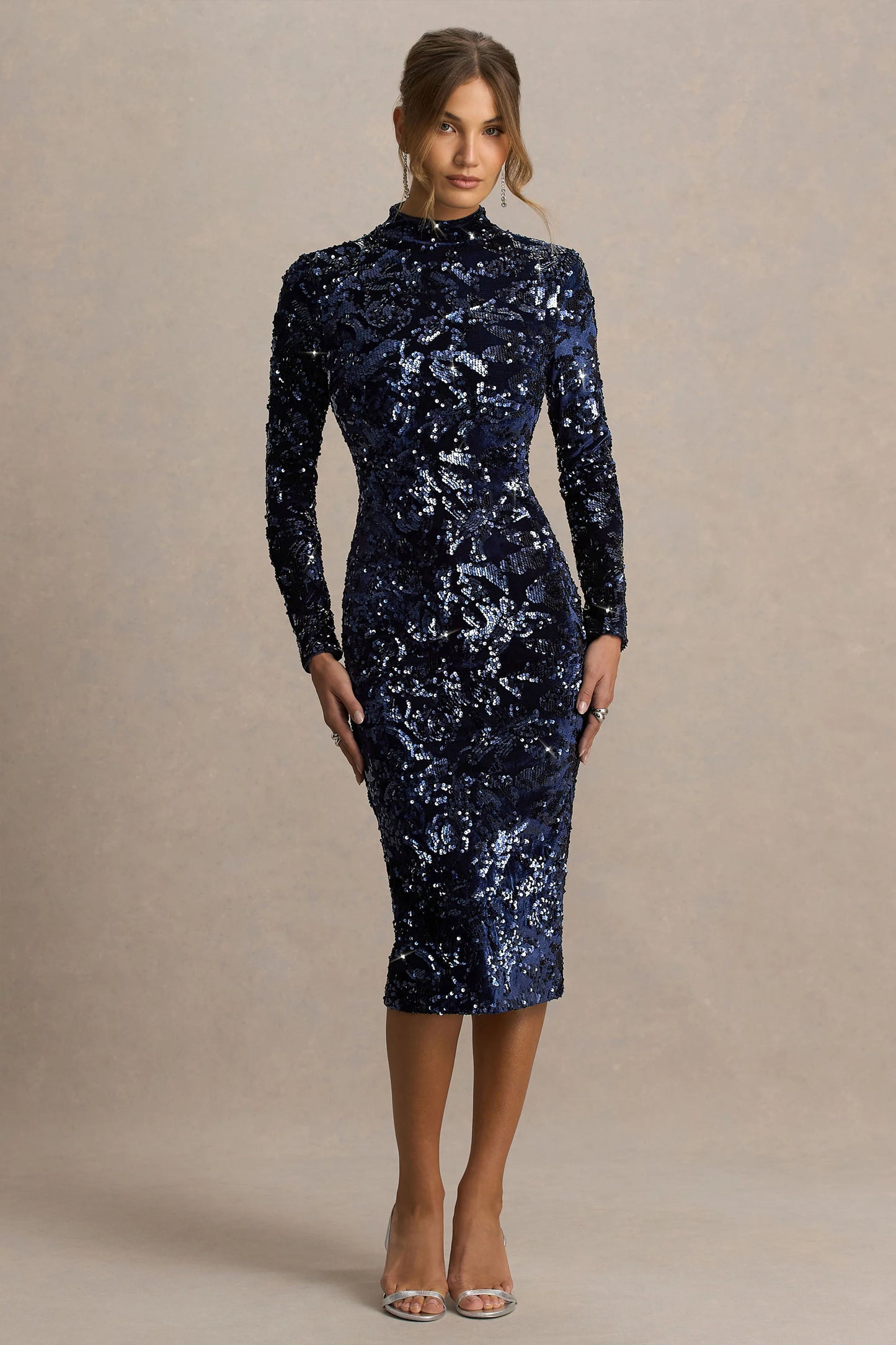Alanita Navy Velvet And Sequin Embellished High-Neck Midi Dress With Long Sleeves