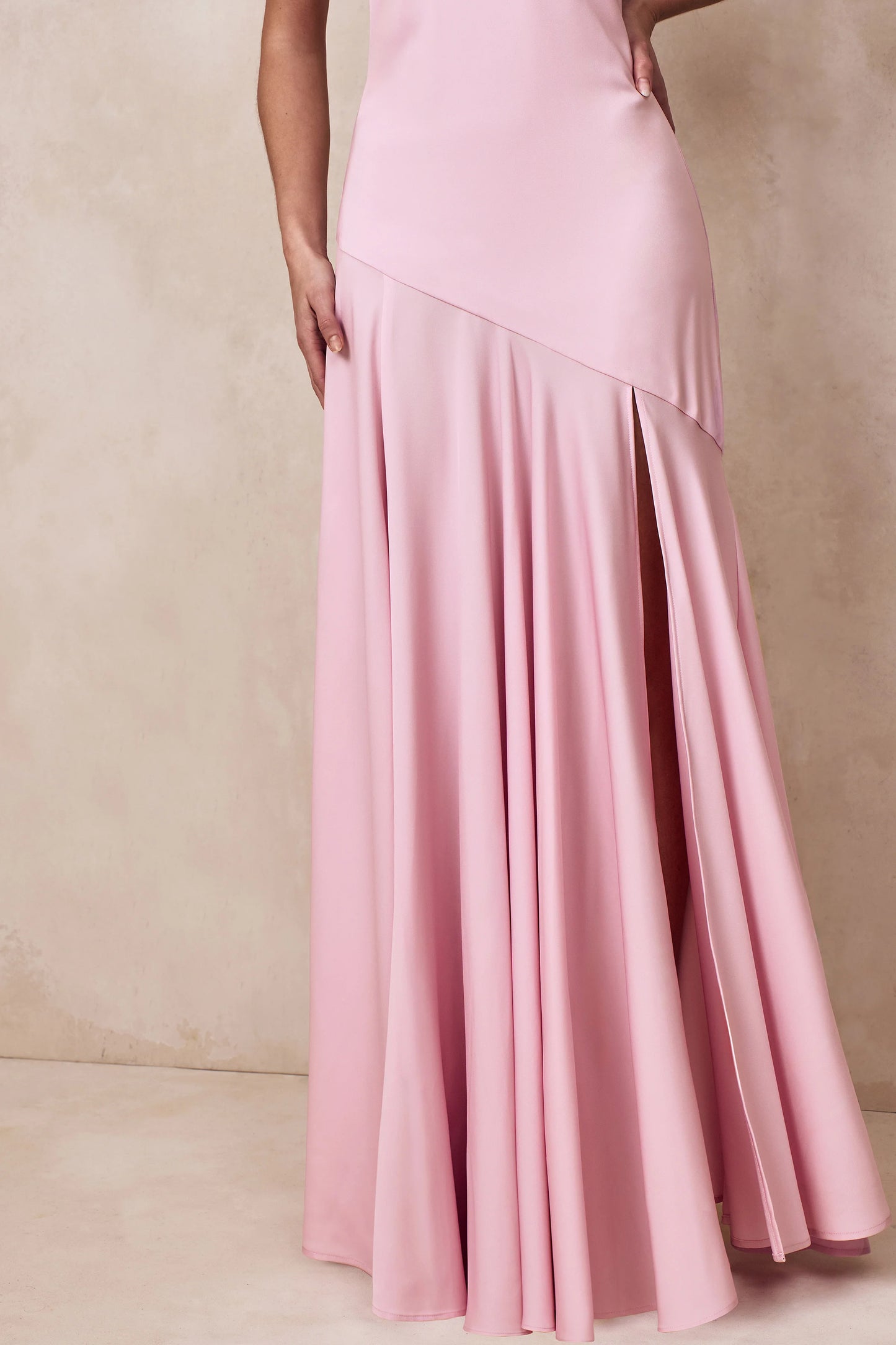 Luscious Light Pink High-Neck Maxi Dress With Drop-Waist And Bow Detail