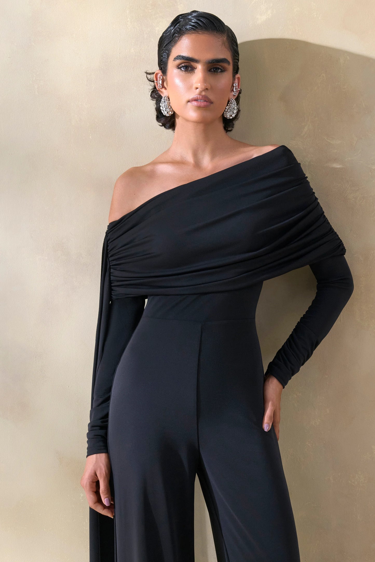 Elova Black Bardot-Neck Jumpsuit With Sash