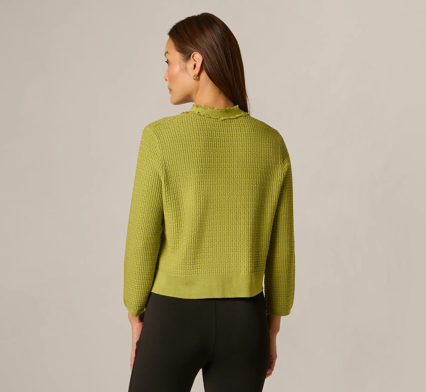 Waffle Knit Cardigan Sweater With Frayed Edges In Apple Green