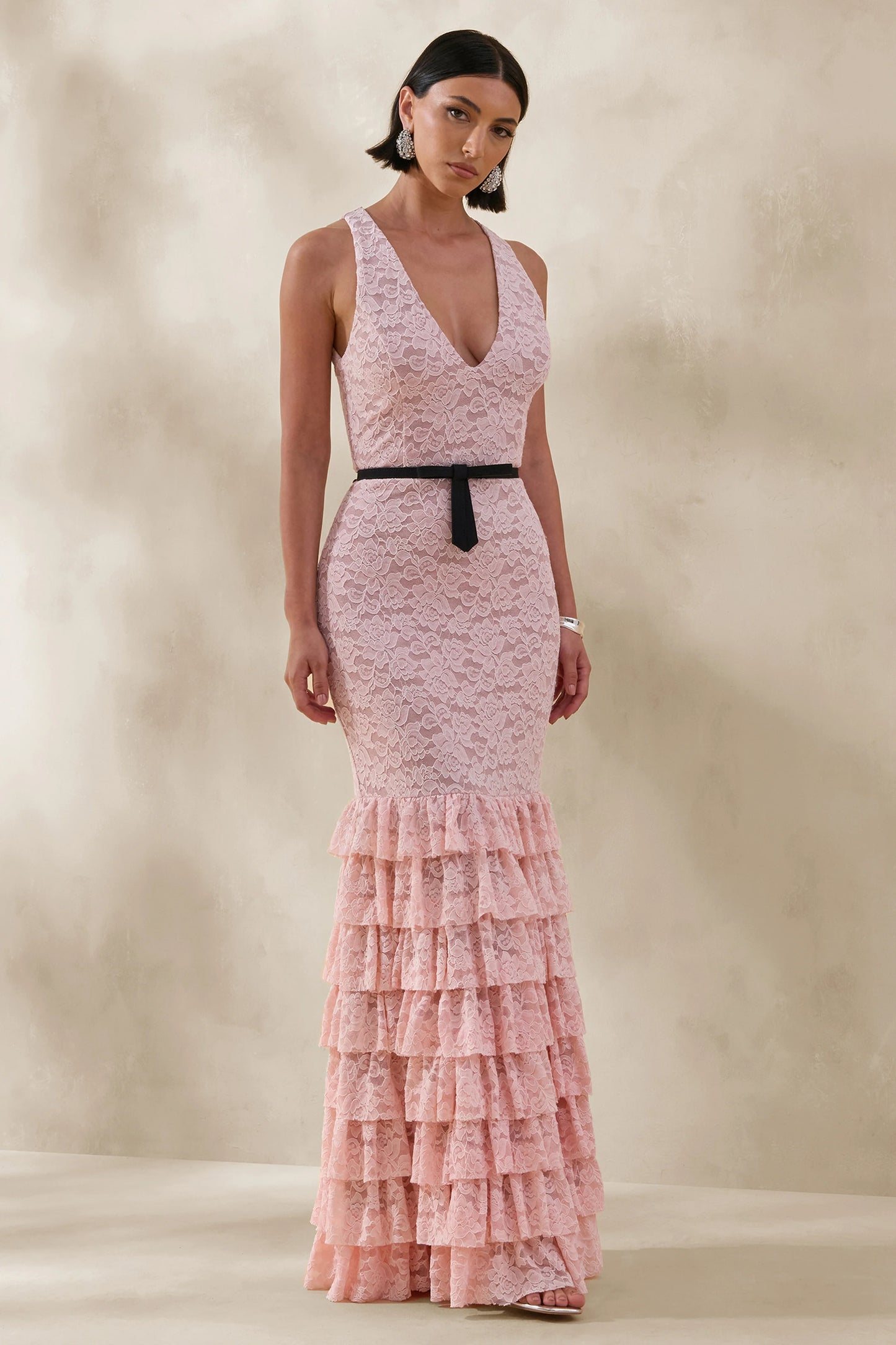 Isoria Pink And Black Lace Halter-Neck Maxi Dress With Bow-Belt Detail