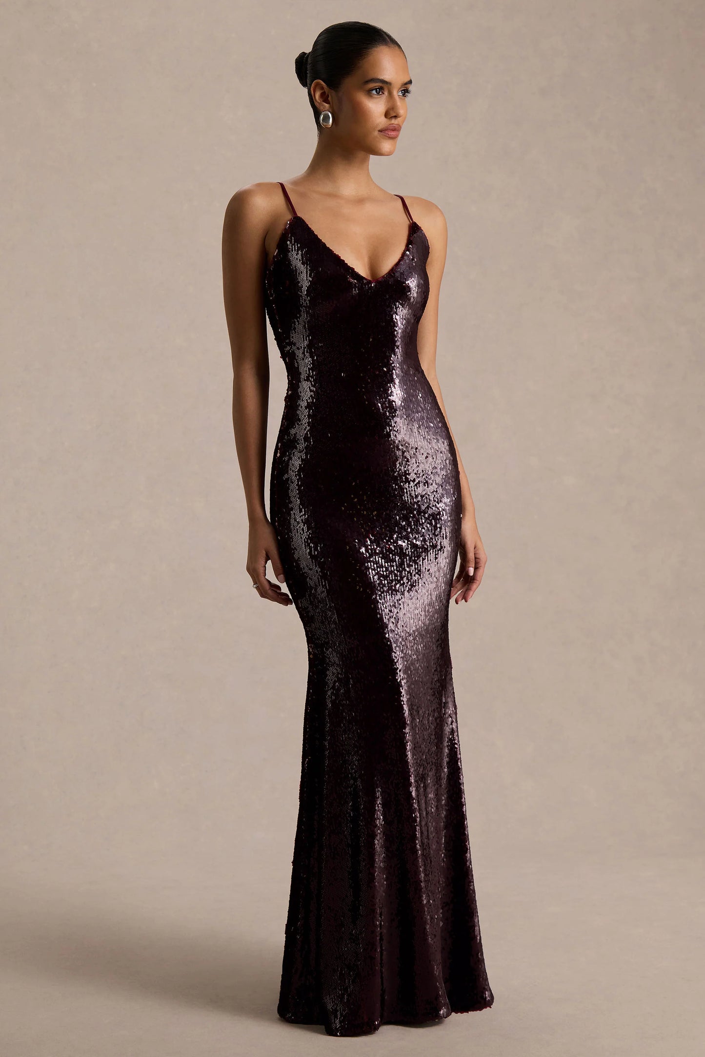 Lenor Burgundy Plunge-Neck Maxi Dress