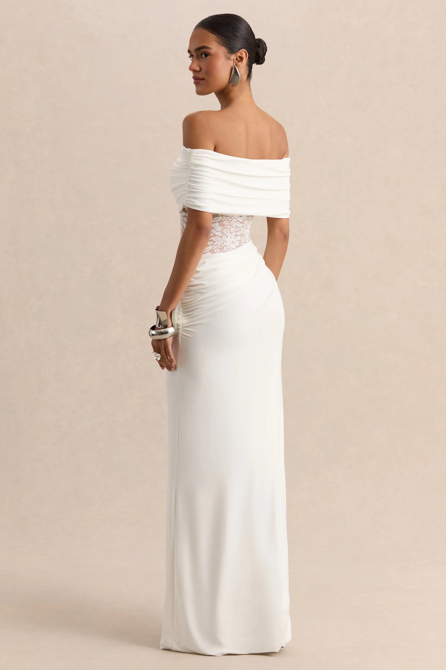 Forsya White Bardot-Neck Maxi Dress With Lace-Detailing