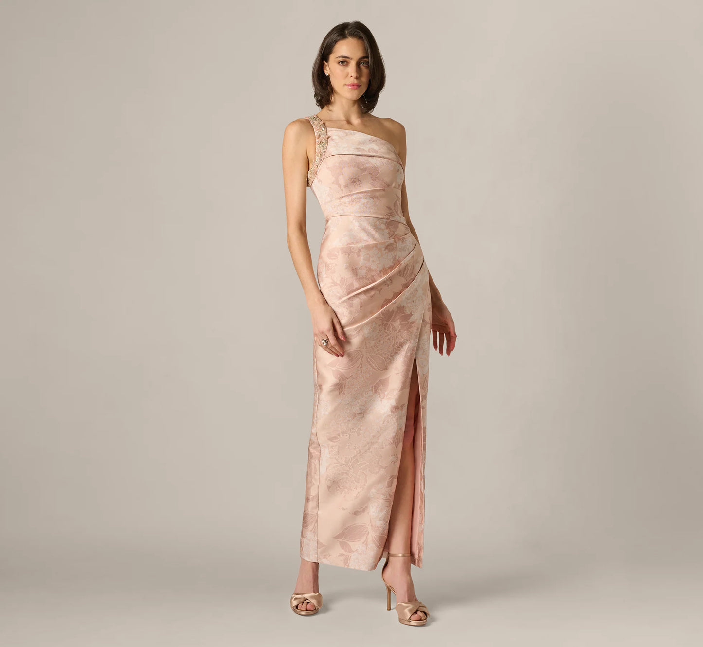 Beaded One Shoulder Floral Jacquard Draped Gown In Blush Multi